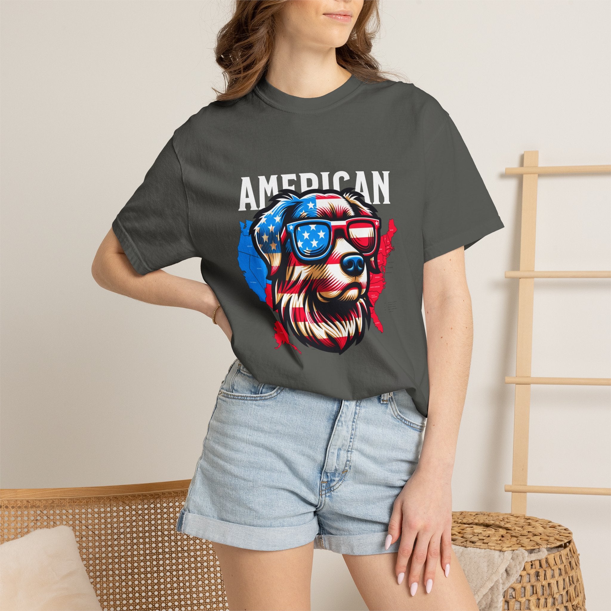 American Dog Graphic T-Shirt — Patriotic Sunglasses USA Crew Tee