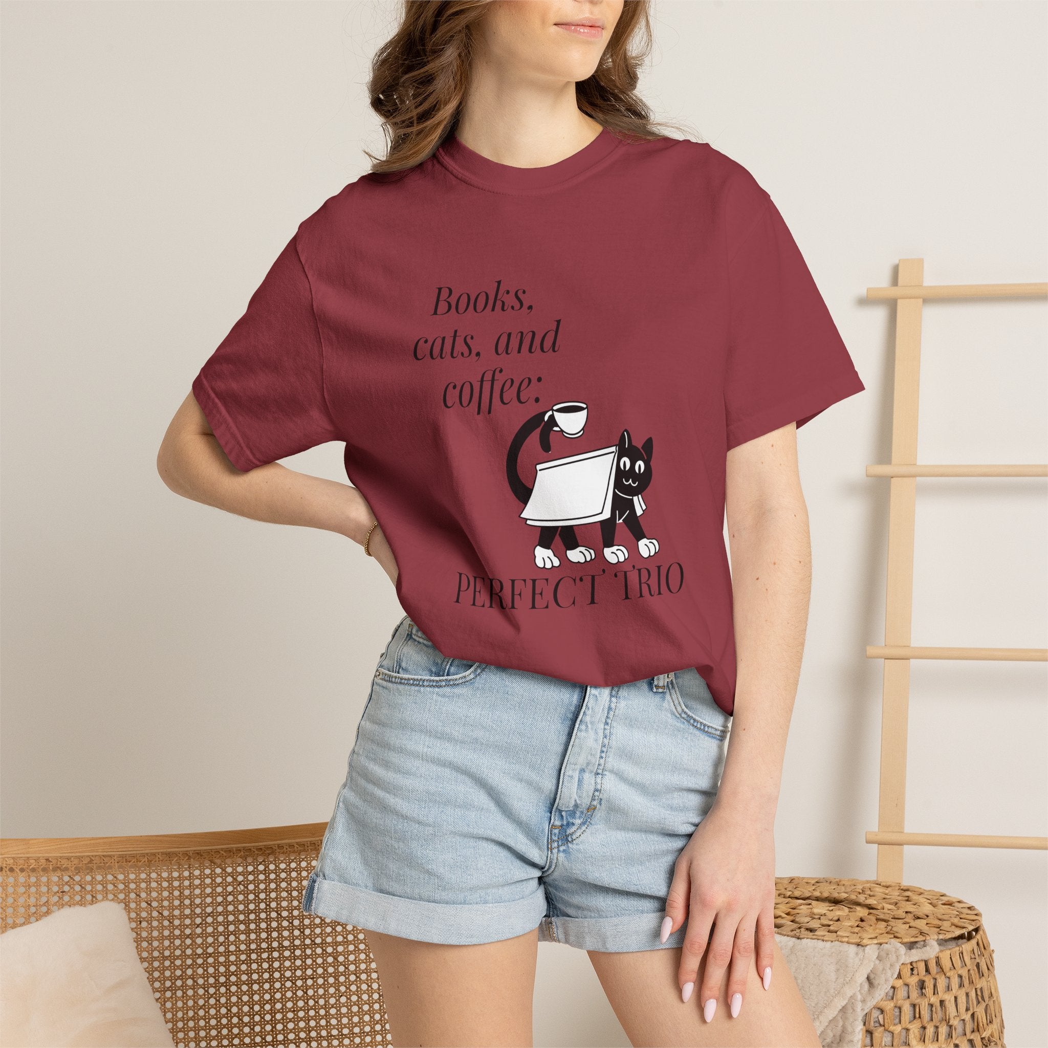 Books, Cats, and Coffee T-Shirt — "Perfect Trio" Cozy Reader Tee