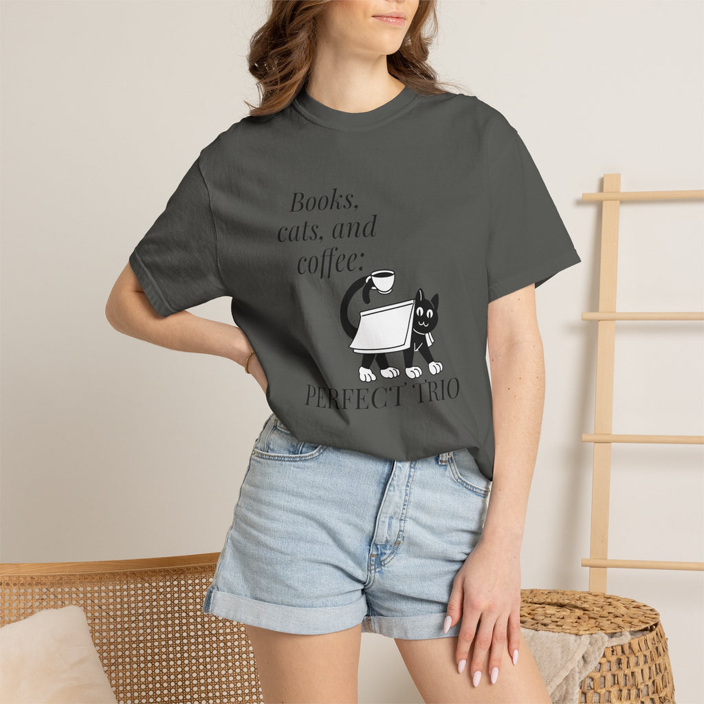 Books, Cats, and Coffee T-Shirt — "Perfect Trio" Cozy Reader Tee