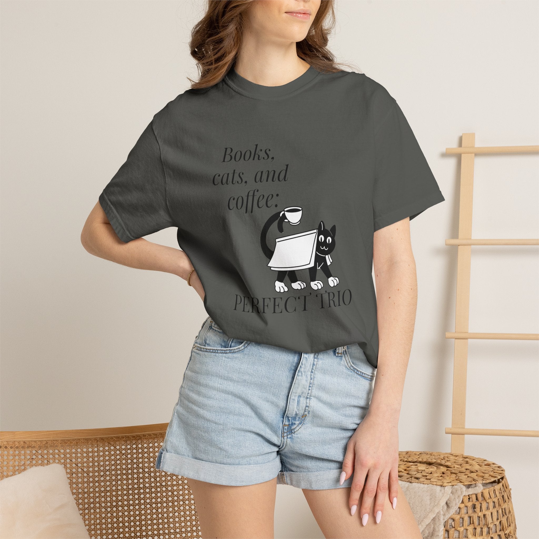 Books, Cats, and Coffee T-Shirt — "Perfect Trio" Cozy Reader Tee