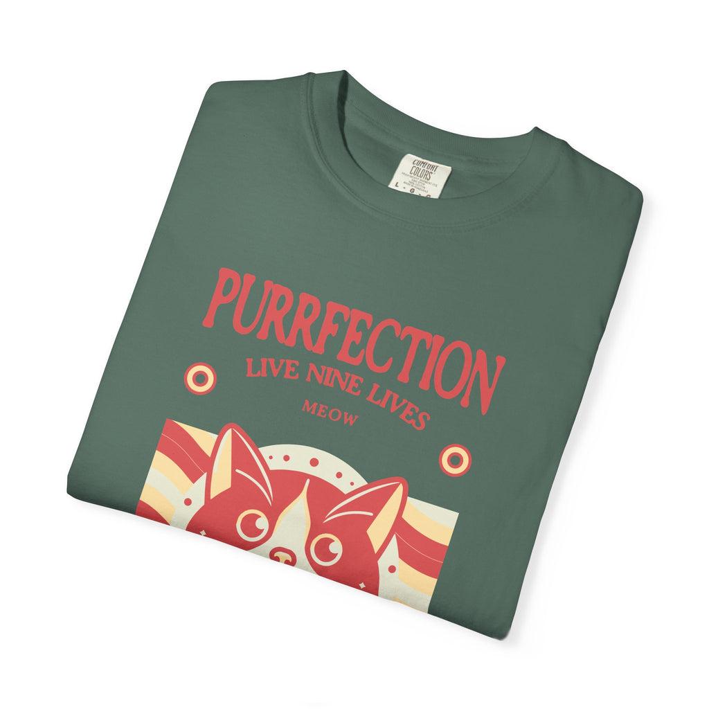 Purrfection Cat T-Shirt — "Purrfection Lives Nine Lives" Retro Cat Graphic Tee