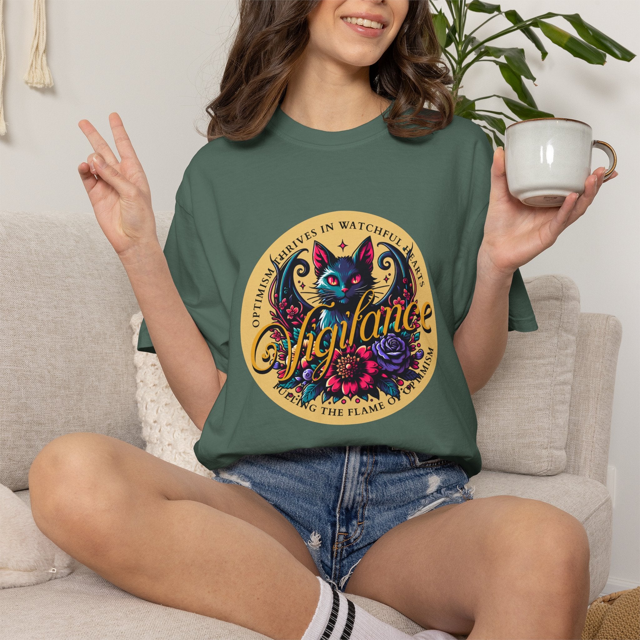 Vigilance Cat Graphic T-Shirt — Retro Floral Crest Tee