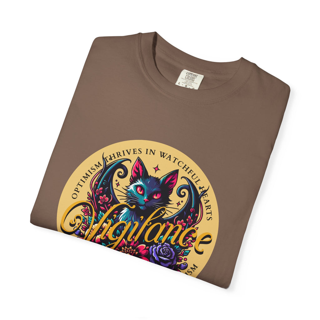 Vigilance Cat Graphic T-Shirt — Retro Floral Crest Tee