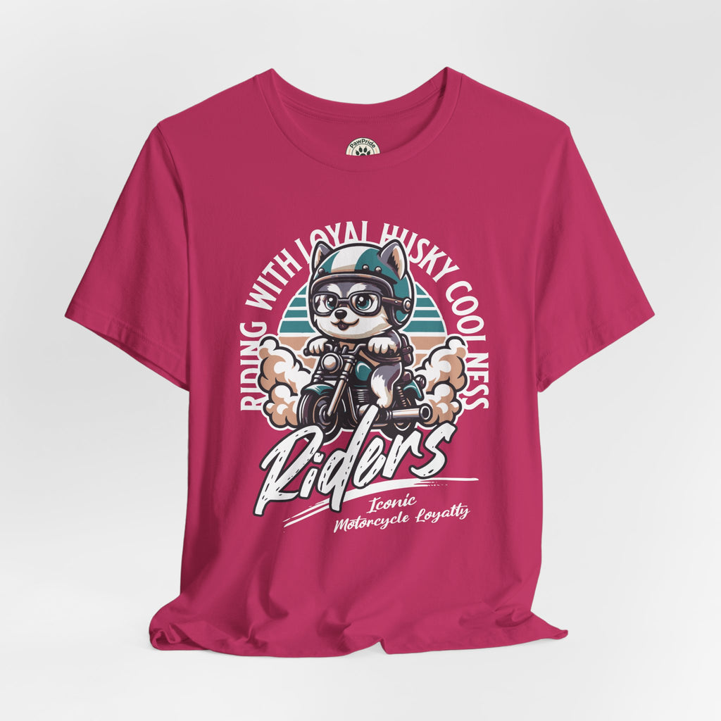 Riders Cat Motorcycle Tee — "Riding With Loyal Husky Coolness" Graphic Shirt