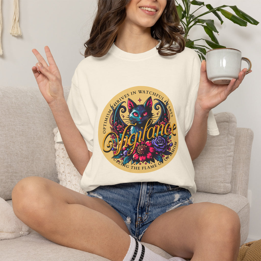 Vigilance Cat Graphic T-Shirt — Retro Floral Crest Tee