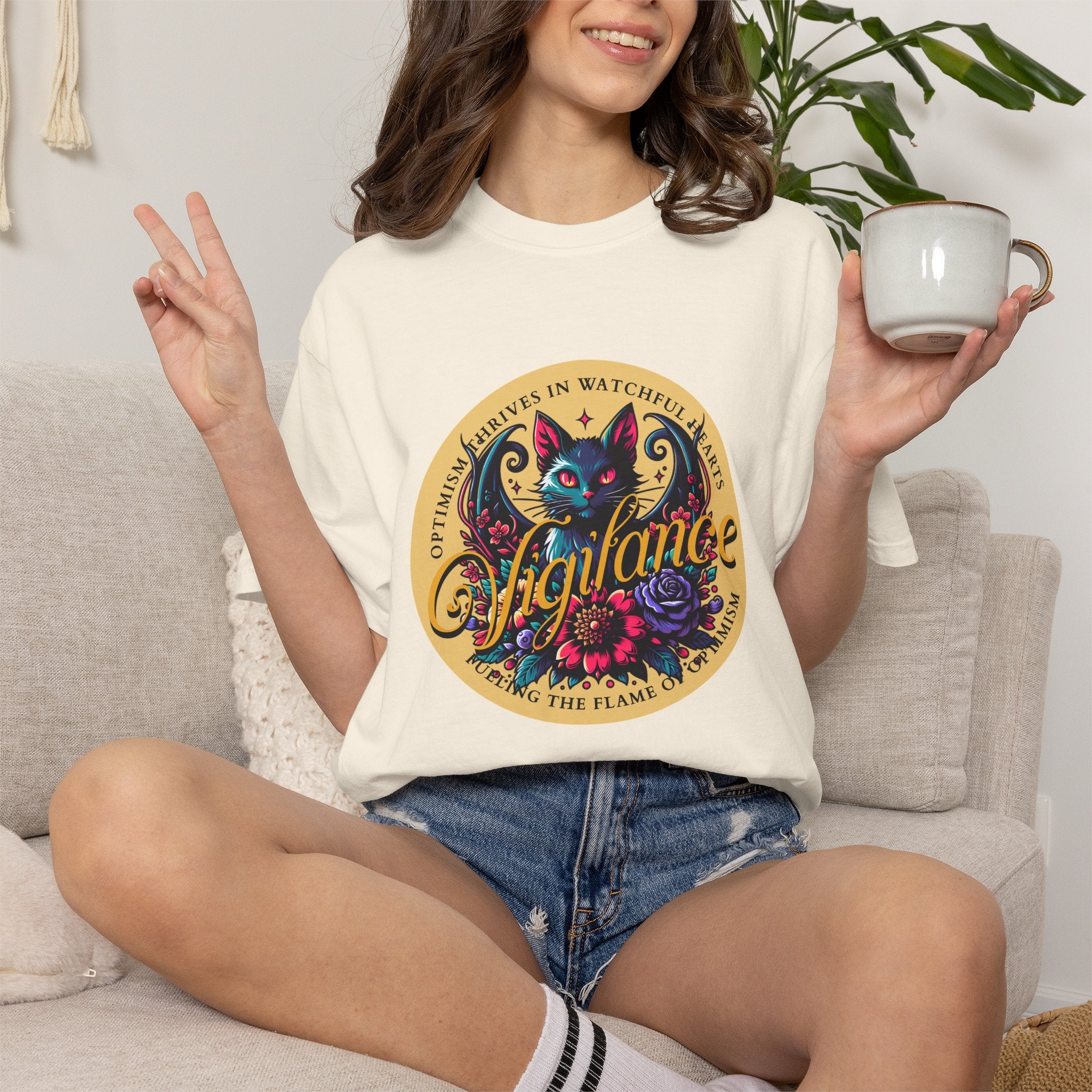 Vigilance Cat Graphic T-Shirt — Retro Floral Crest Tee