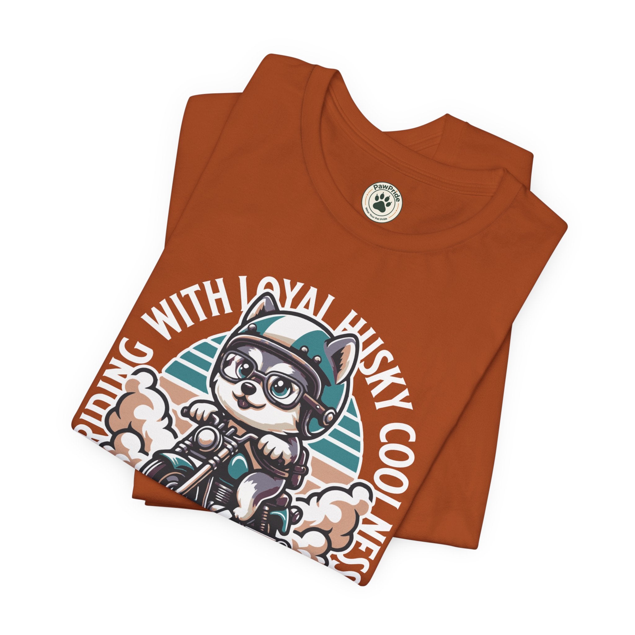 Riders Cat Motorcycle Tee — "Riding With Loyal Husky Coolness" Graphic Shirt