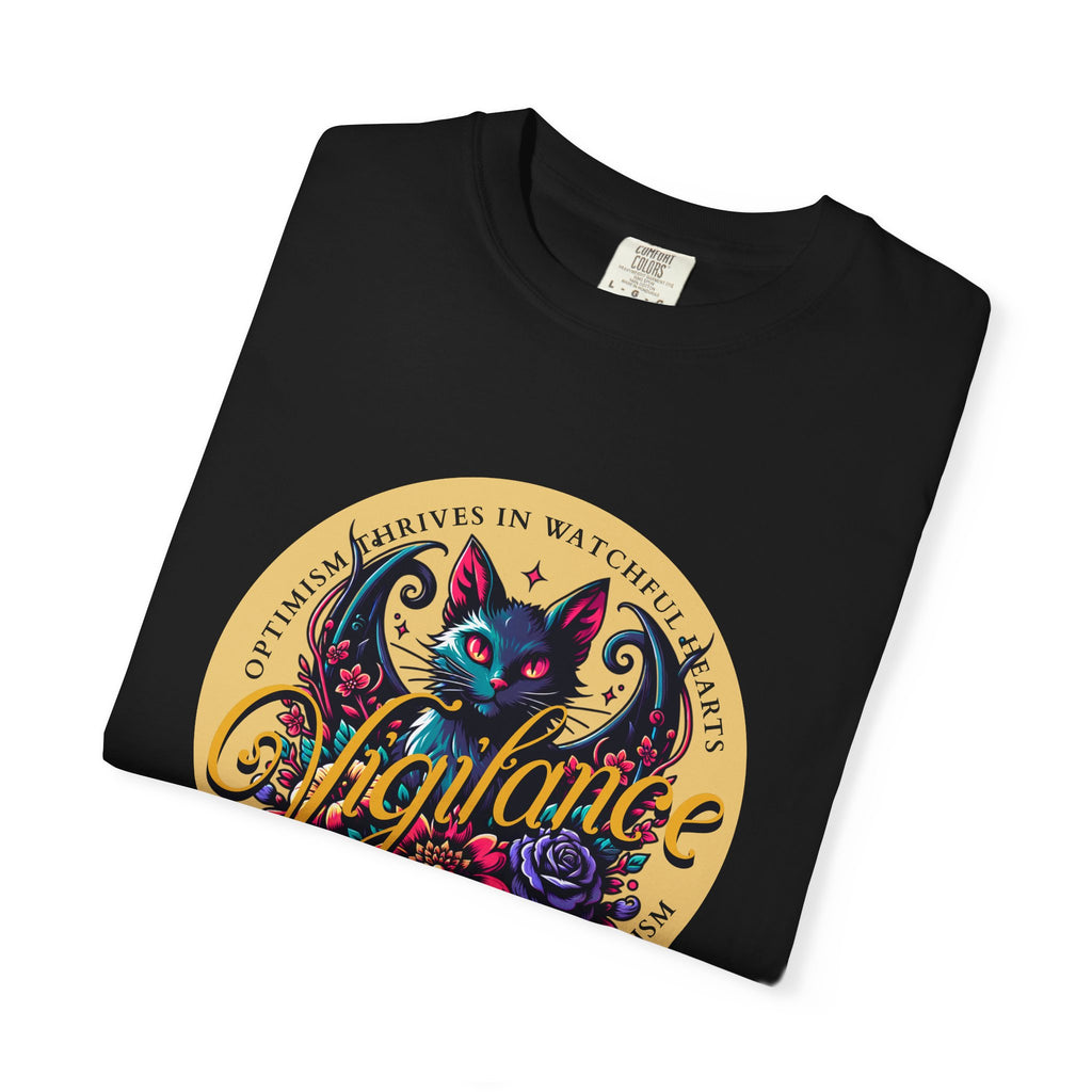 Vigilance Cat Graphic T-Shirt — Retro Floral Crest Tee