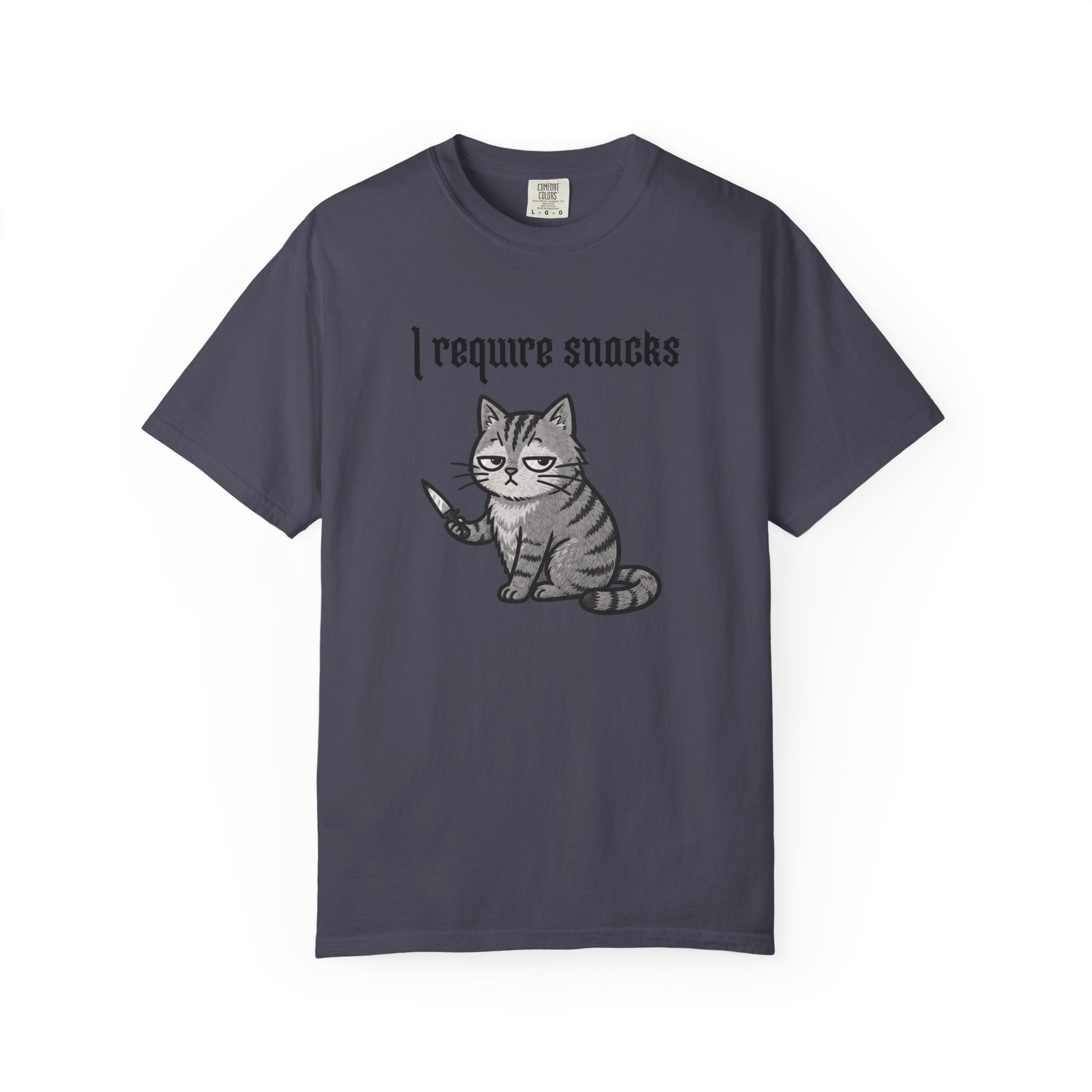 I Require Snacks Cat T‑Shirt — Cute Grumpy Kitty Graphic Tee