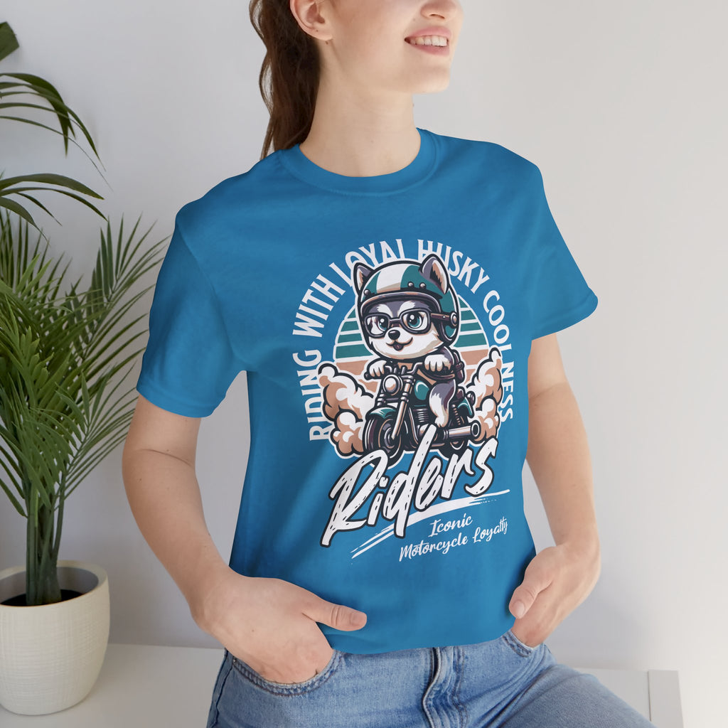 Riders Cat Motorcycle Tee — "Riding With Loyal Husky Coolness" Graphic Shirt