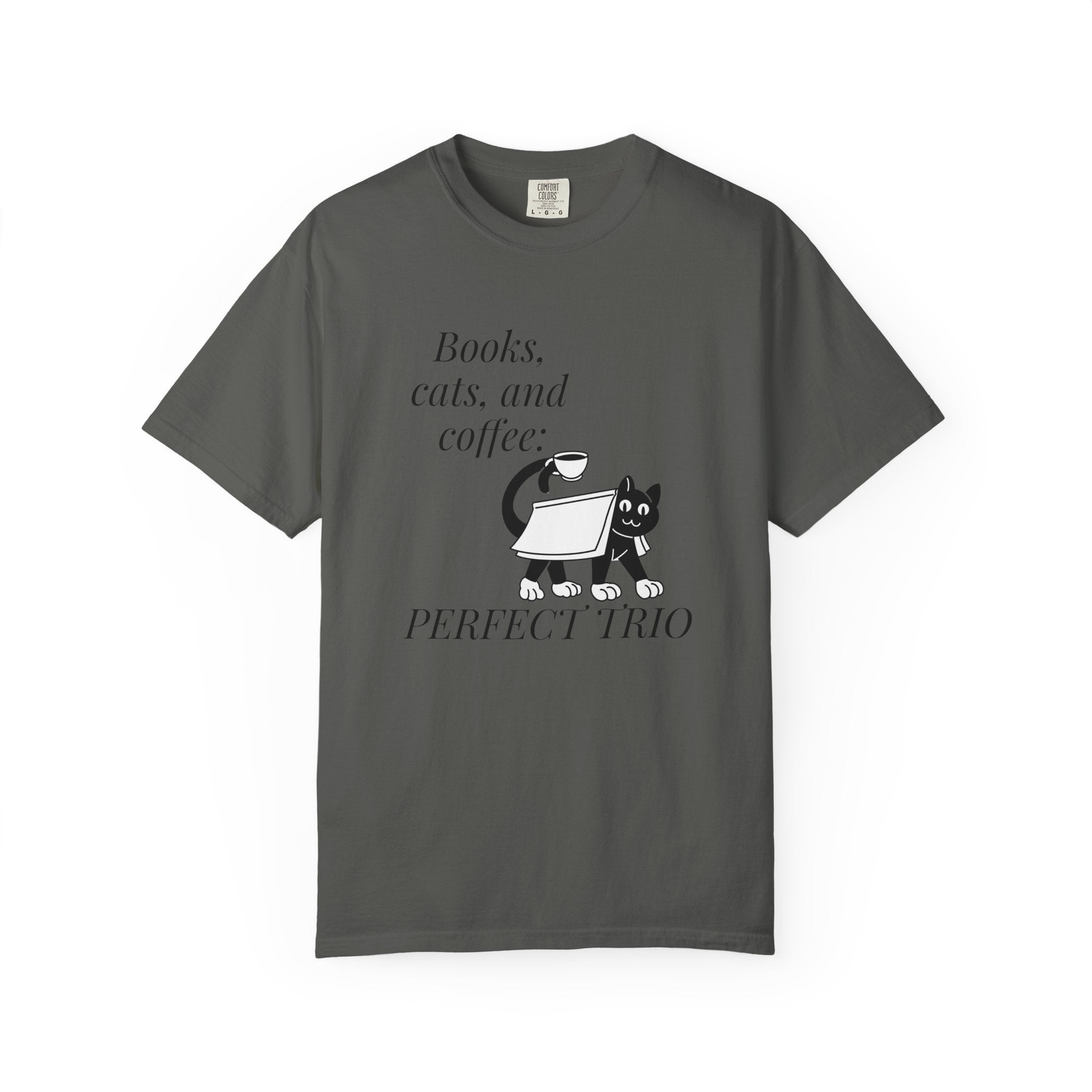 Books, Cats, and Coffee T-Shirt — "Perfect Trio" Cozy Reader Tee
