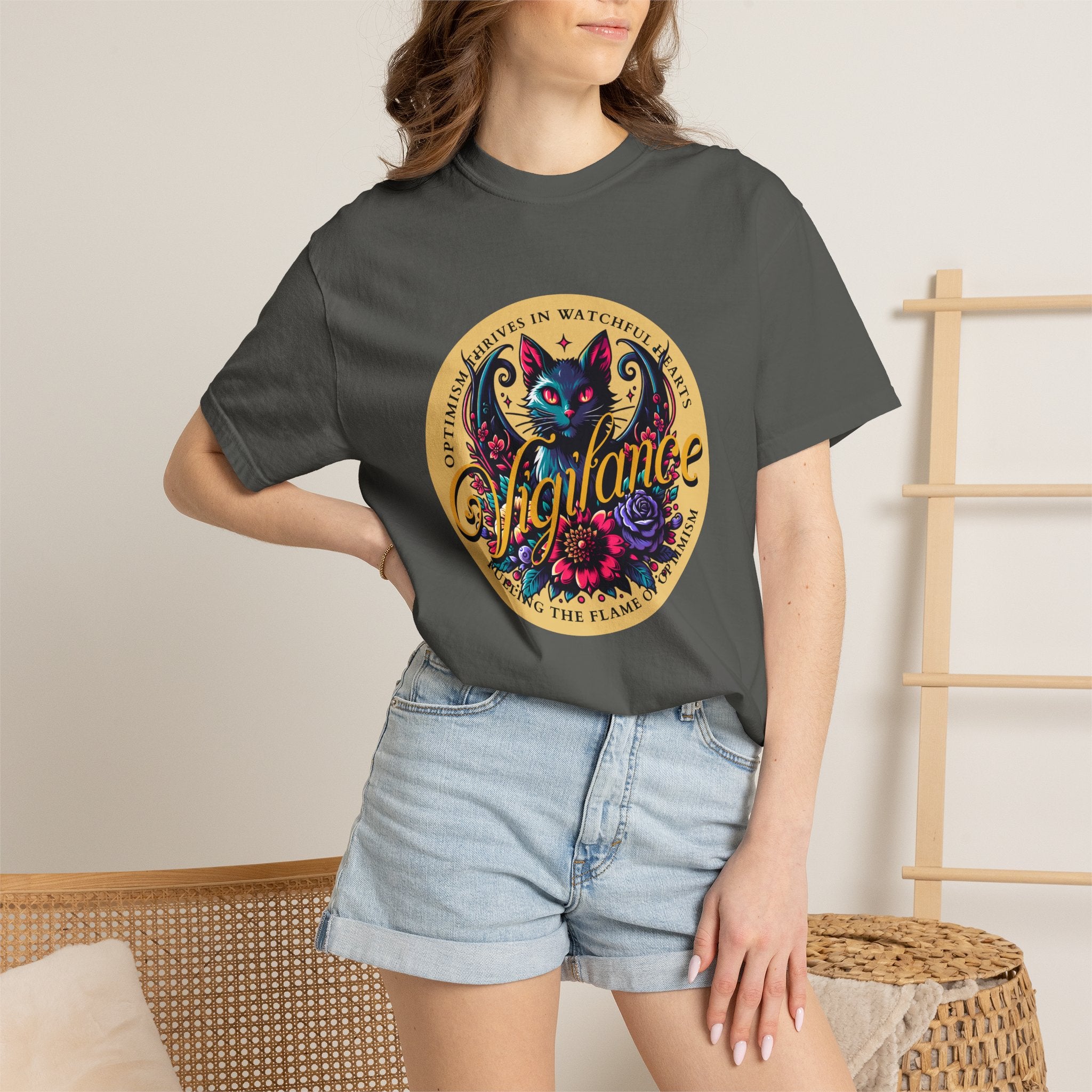 Vigilance Cat Graphic T-Shirt — Retro Floral Crest Tee