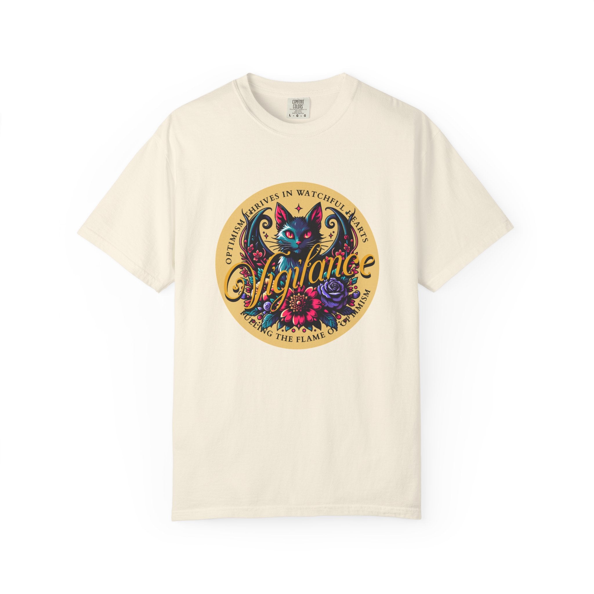 Vigilance Cat Graphic T-Shirt — Retro Floral Crest Tee