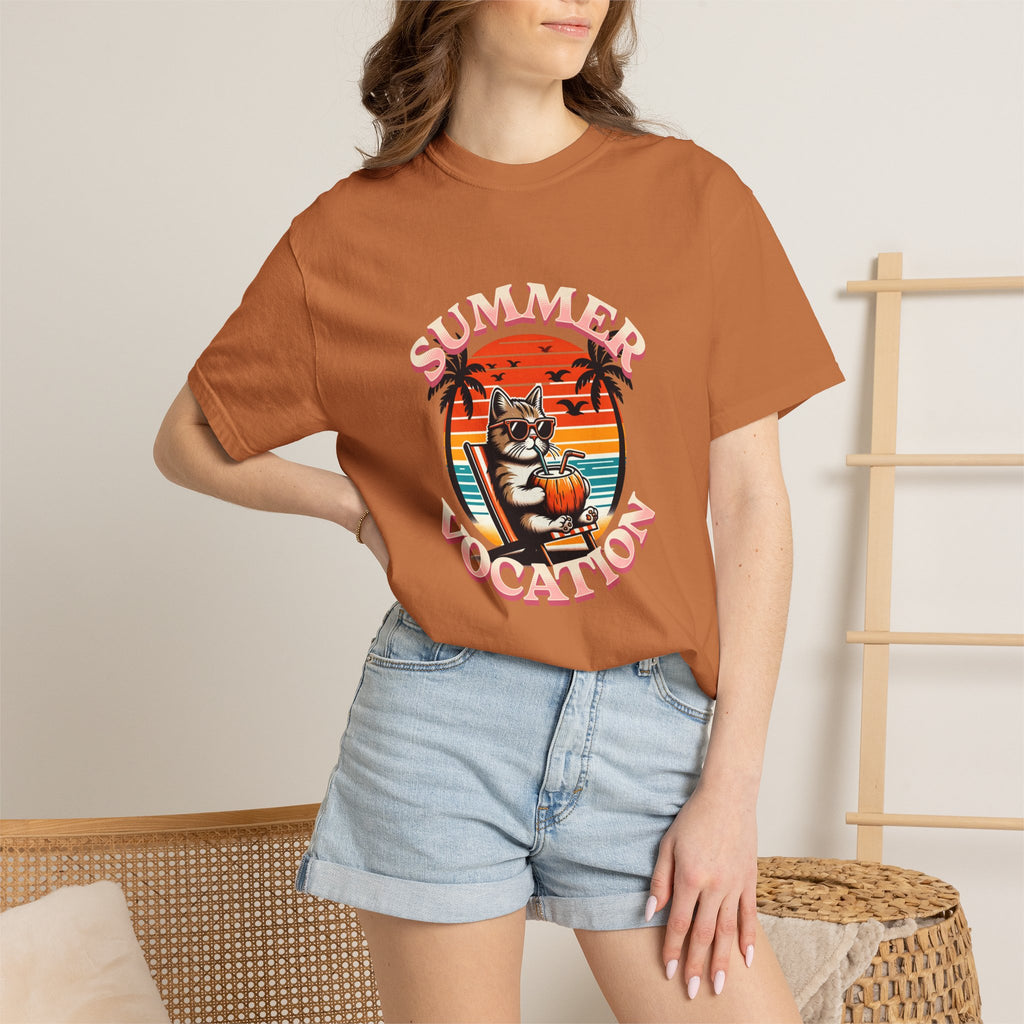 Summer Vacation T‑Shirt — Retro Cat on Beach Graphic