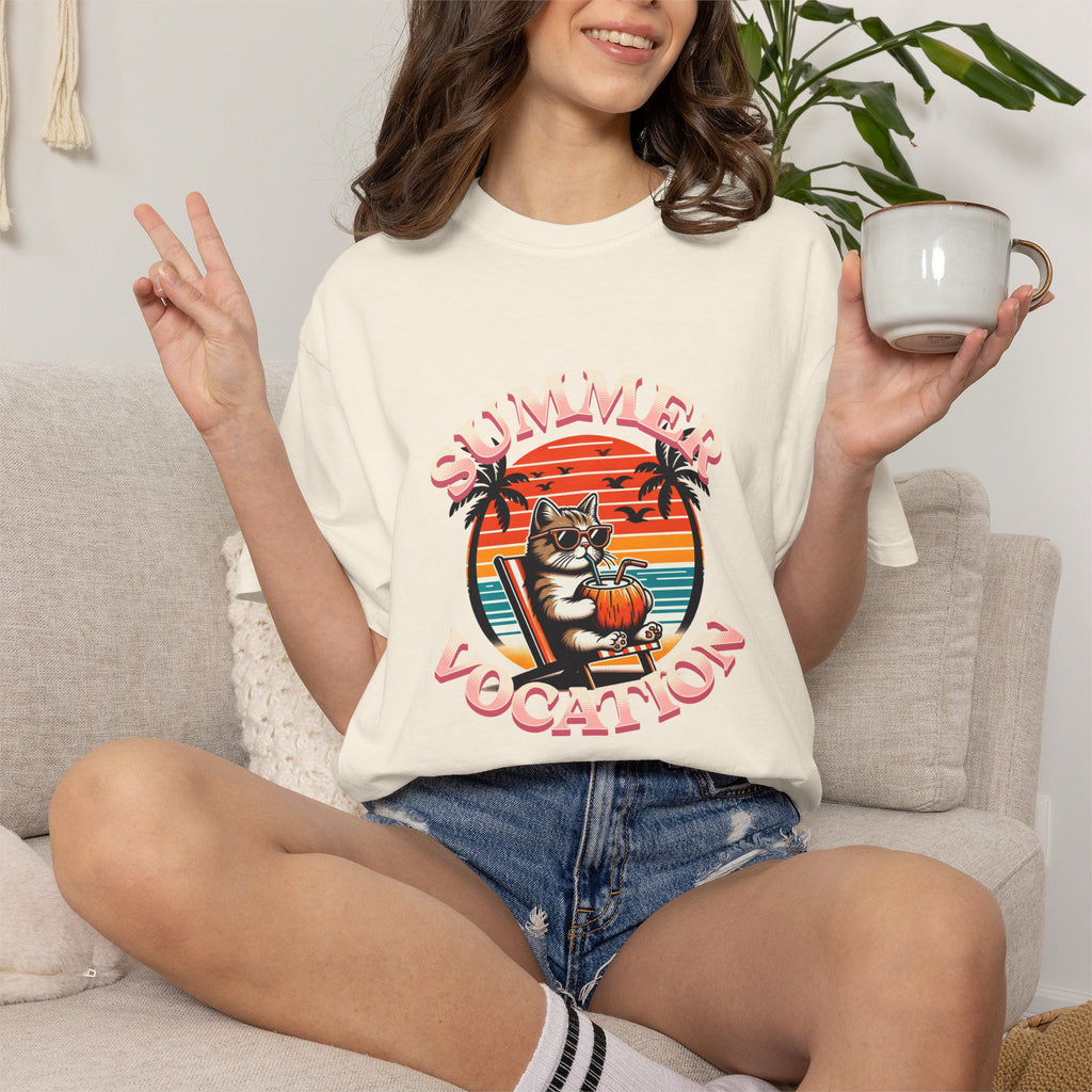 Summer Vacation T‑Shirt — Retro Cat on Beach Graphic
