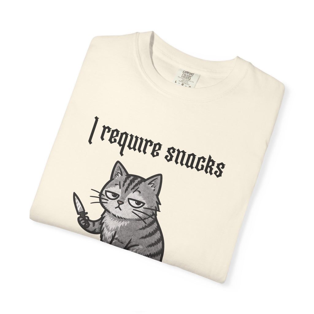 I Require Snacks Cat T‑Shirt — Cute Grumpy Kitty Graphic Tee