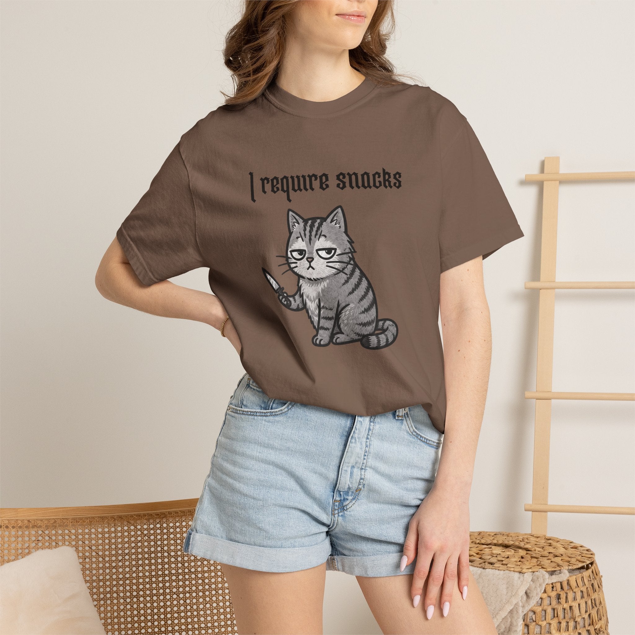 I Require Snacks Cat T‑Shirt — Cute Grumpy Kitty Graphic Tee