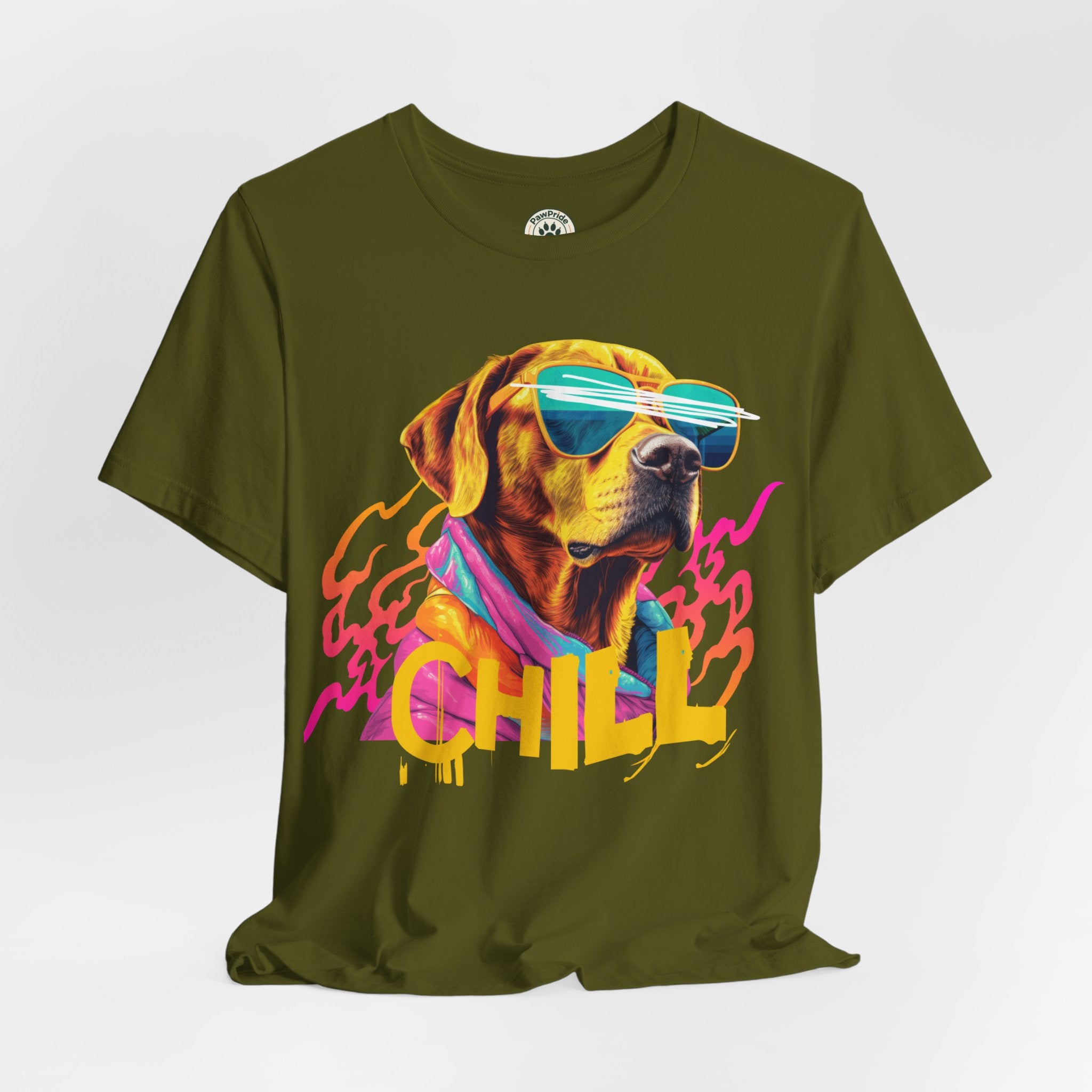 Chill Sunglasses Dog Tee — Retro Neon “CHILL” Graphic T-Shirt