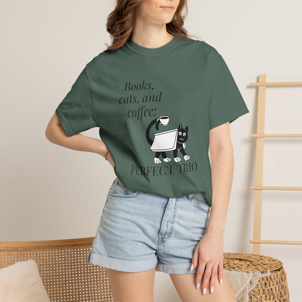 Books, Cats, and Coffee T-Shirt — "Perfect Trio" Cozy Reader Tee