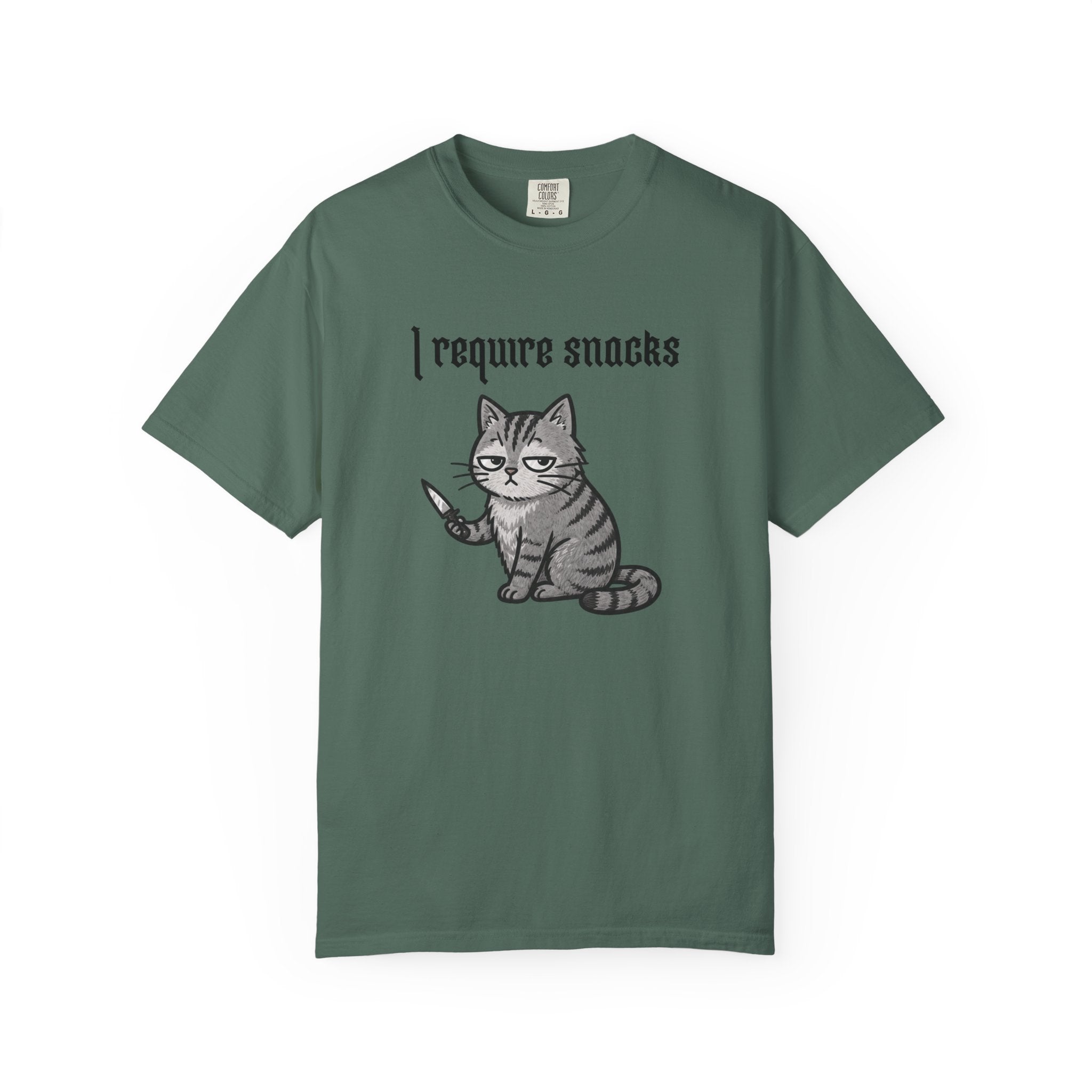 I Require Snacks Cat T‑Shirt — Cute Grumpy Kitty Graphic Tee
