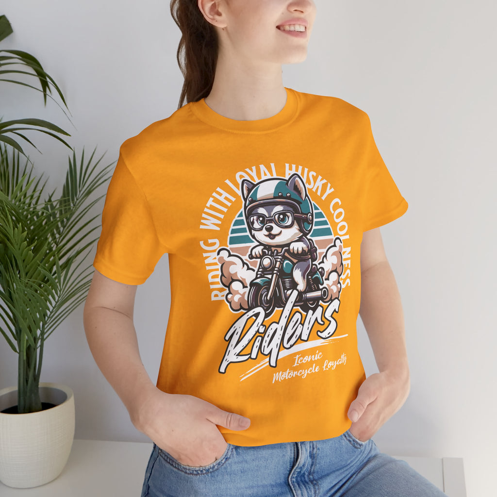 Riders Cat Motorcycle Tee — "Riding With Loyal Husky Coolness" Graphic Shirt