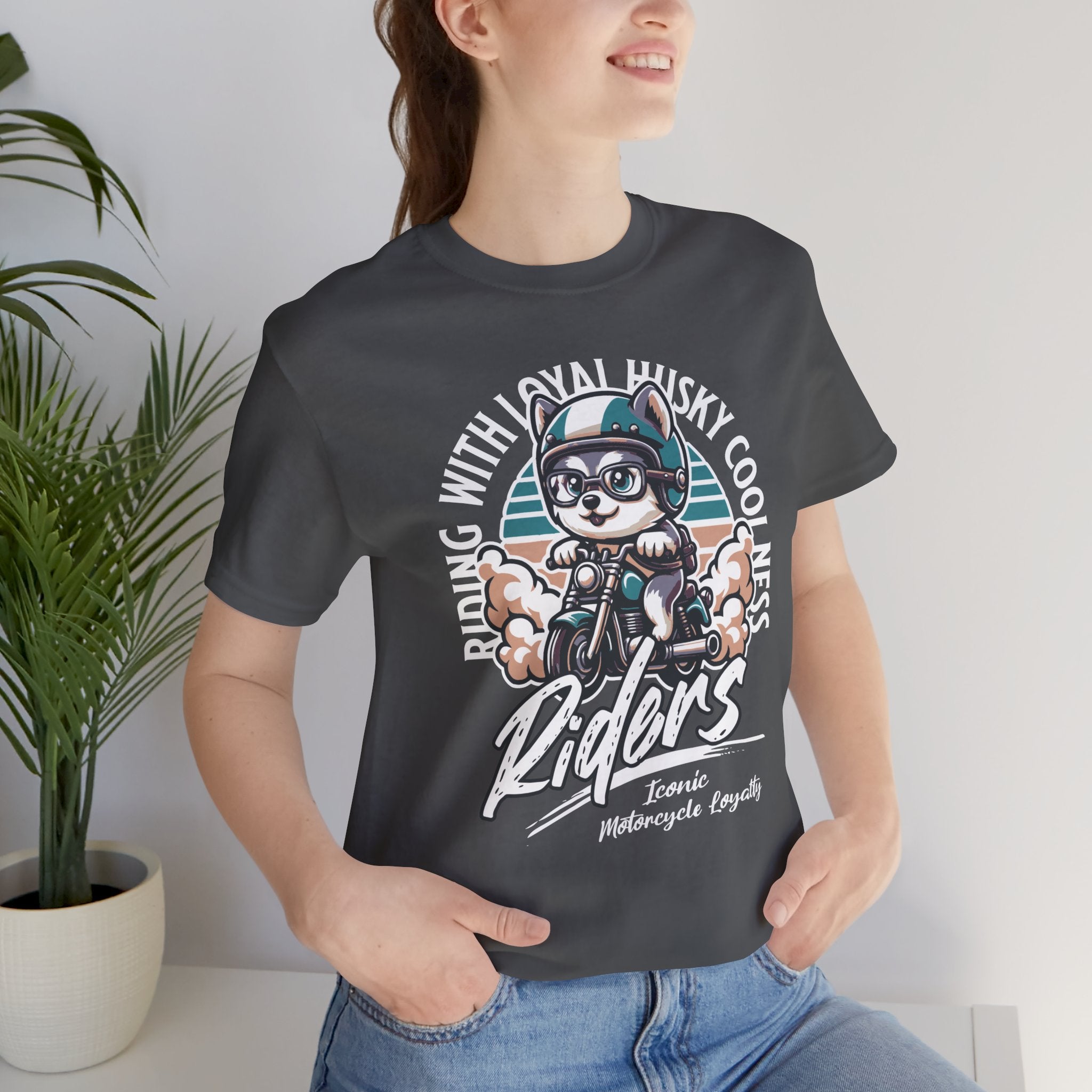 Riders Cat Motorcycle Tee — "Riding With Loyal Husky Coolness" Graphic Shirt
