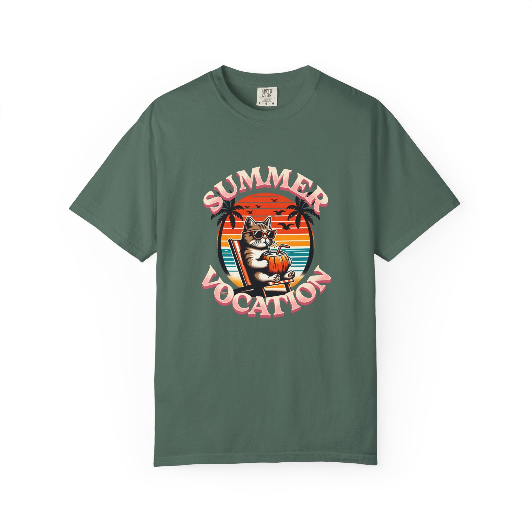 Summer Vacation T‑Shirt — Retro Cat on Beach Graphic