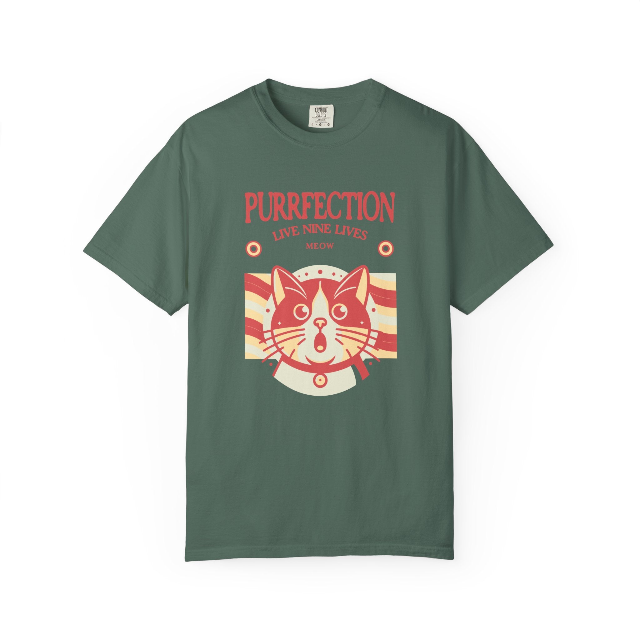 Purrfection Cat T-Shirt — "Purrfection Lives Nine Lives" Retro Cat Graphic Tee