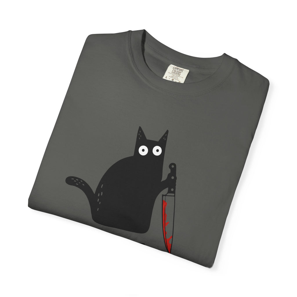 Funny Cat Holding Knife T-Shirt — "What?" Graphic Tee (Dark Humor, Halloween Gift)