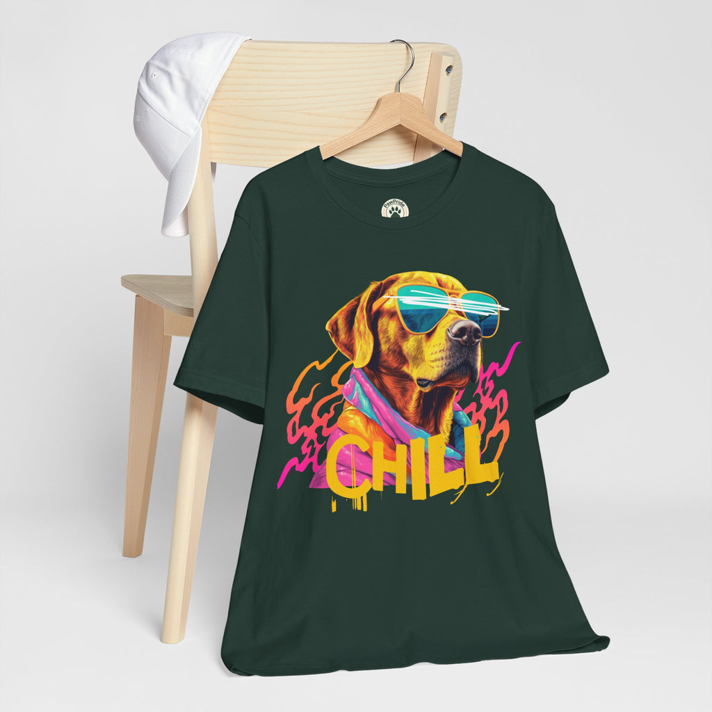 Chill Sunglasses Dog Tee — Retro Neon “CHILL” Graphic T-Shirt