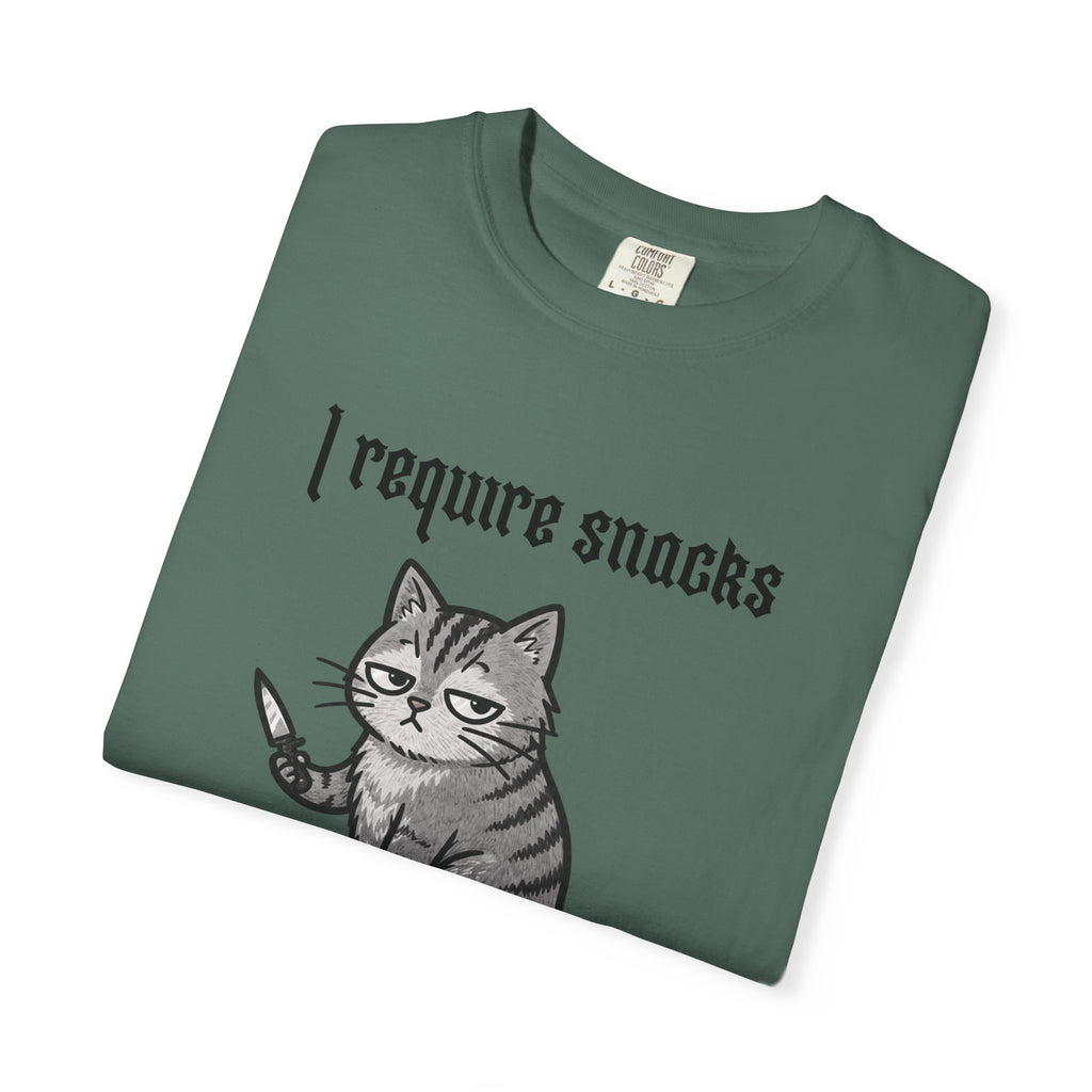 I Require Snacks Cat T‑Shirt — Cute Grumpy Kitty Graphic Tee