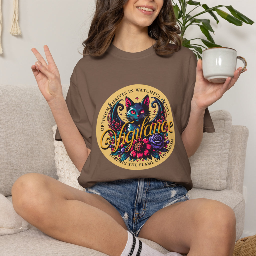 Vigilance Cat Graphic T-Shirt — Retro Floral Crest Tee