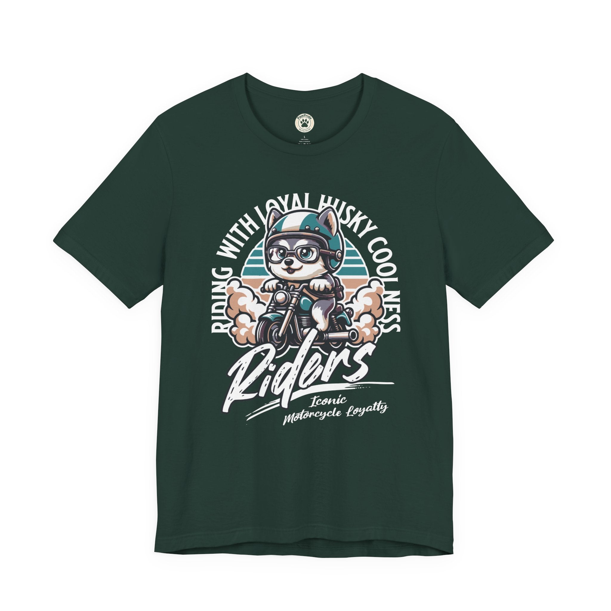 Riders Cat Motorcycle Tee — "Riding With Loyal Husky Coolness" Graphic Shirt