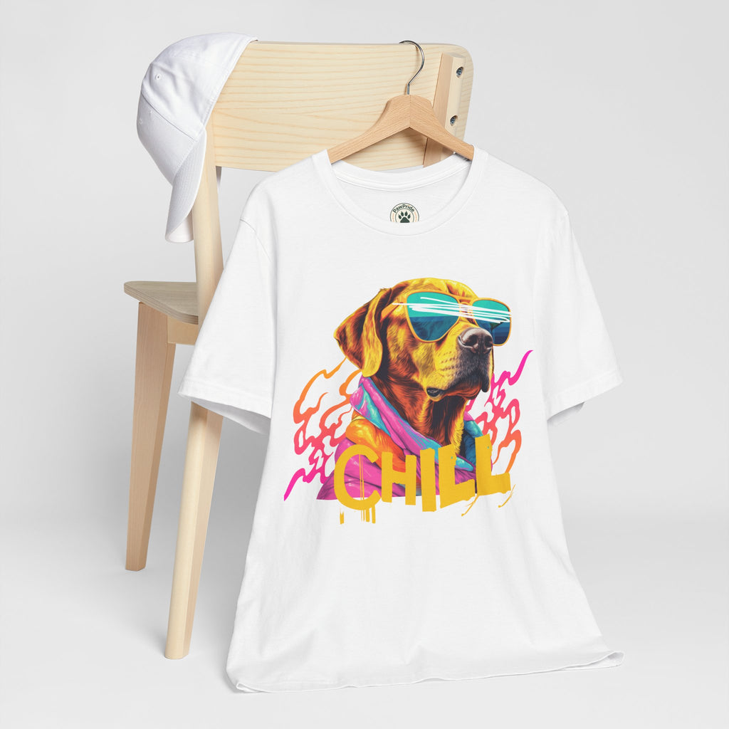 Chill Sunglasses Dog Tee — Retro Neon “CHILL” Graphic T-Shirt
