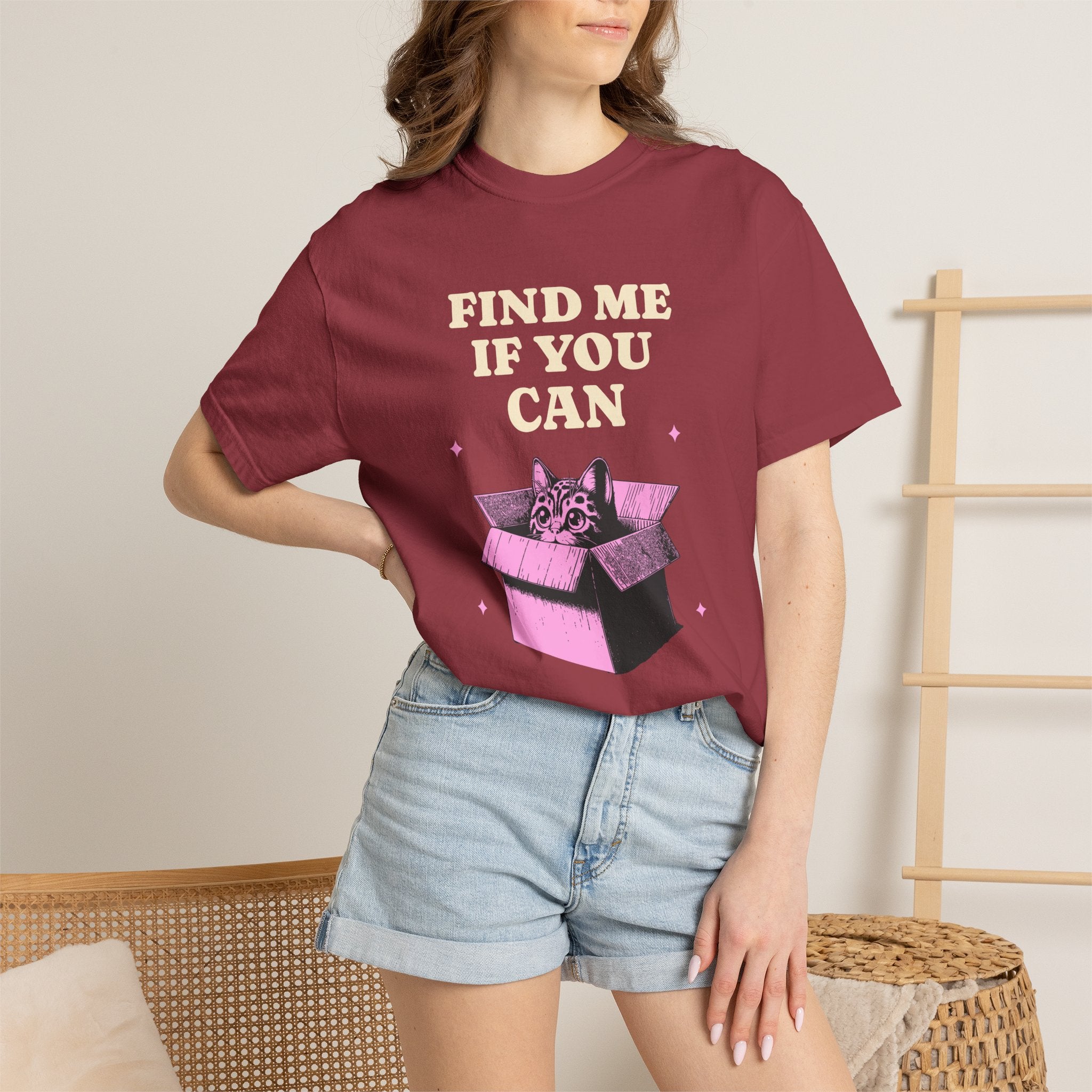Find Me If You Can Cat T-Shirt — Playful Cat in Box Graphic Tee