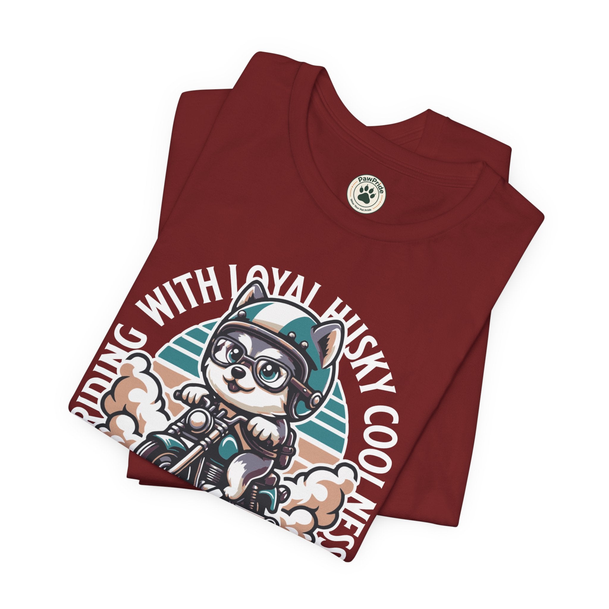 Riders Cat Motorcycle Tee — "Riding With Loyal Husky Coolness" Graphic Shirt