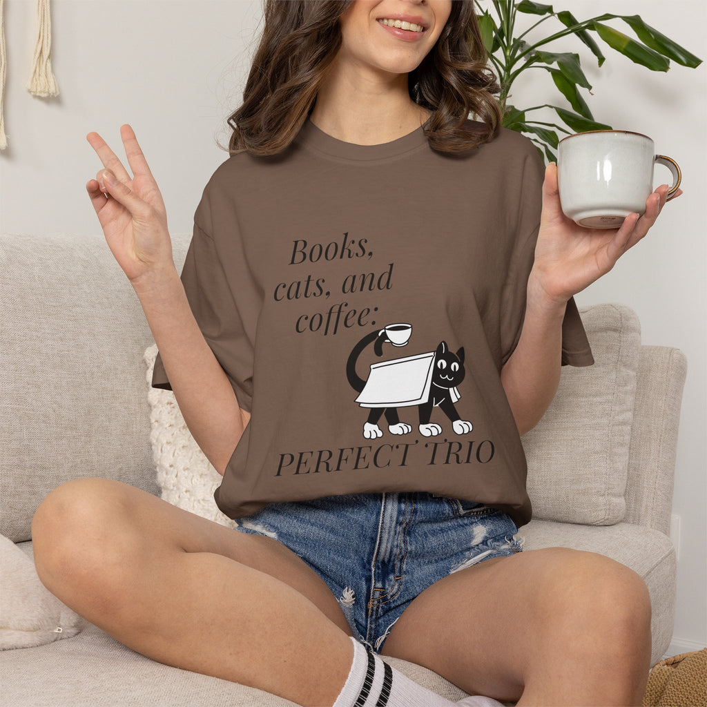 Books, Cats, and Coffee T-Shirt — "Perfect Trio" Cozy Reader Tee