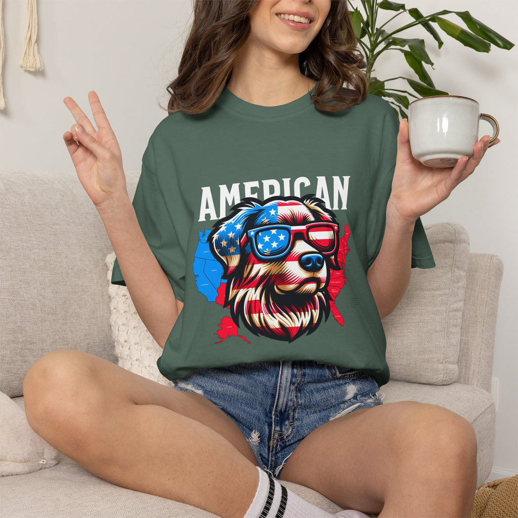 American Dog Graphic T-Shirt — Patriotic Sunglasses USA Crew Tee