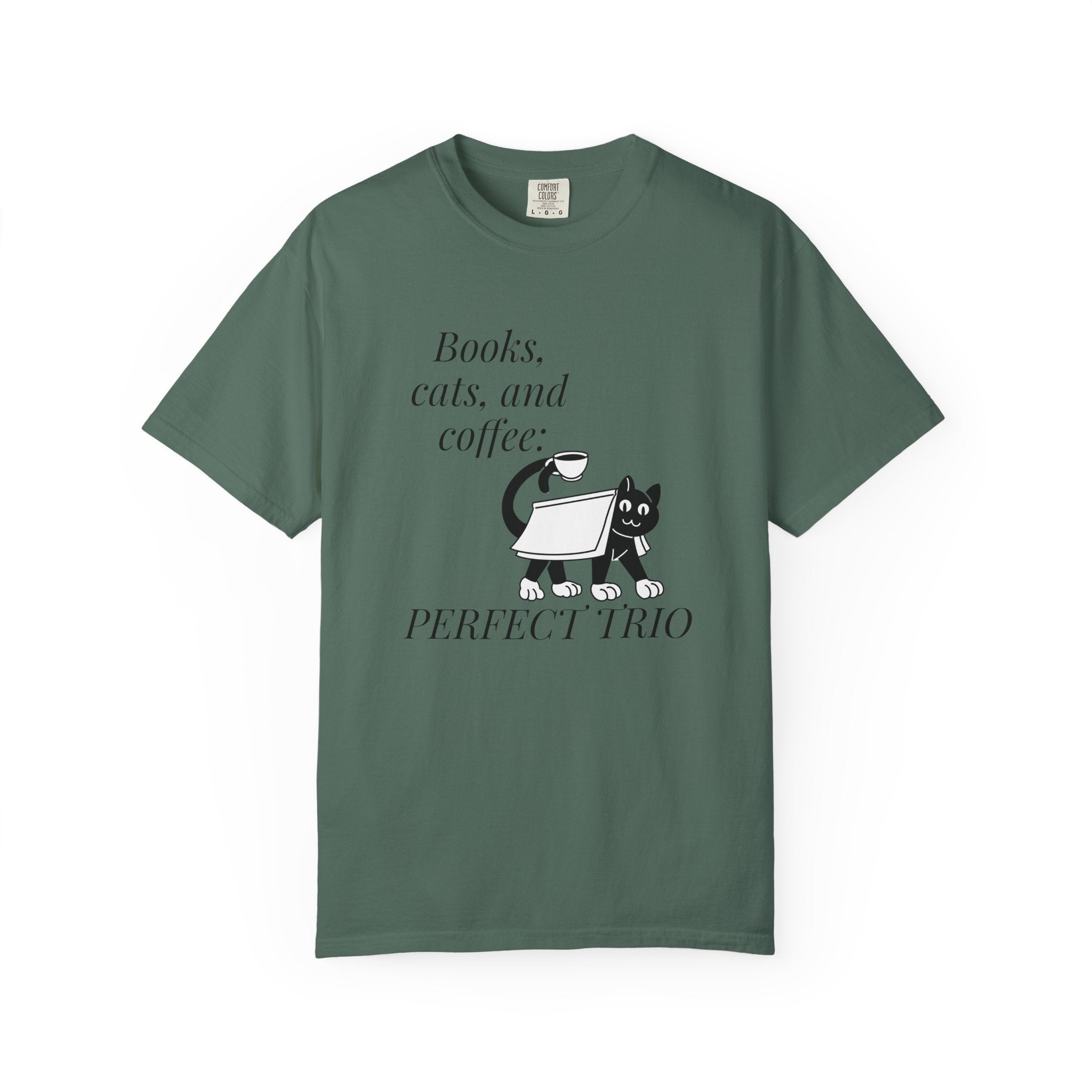 Books, Cats, and Coffee T-Shirt — "Perfect Trio" Cozy Reader Tee