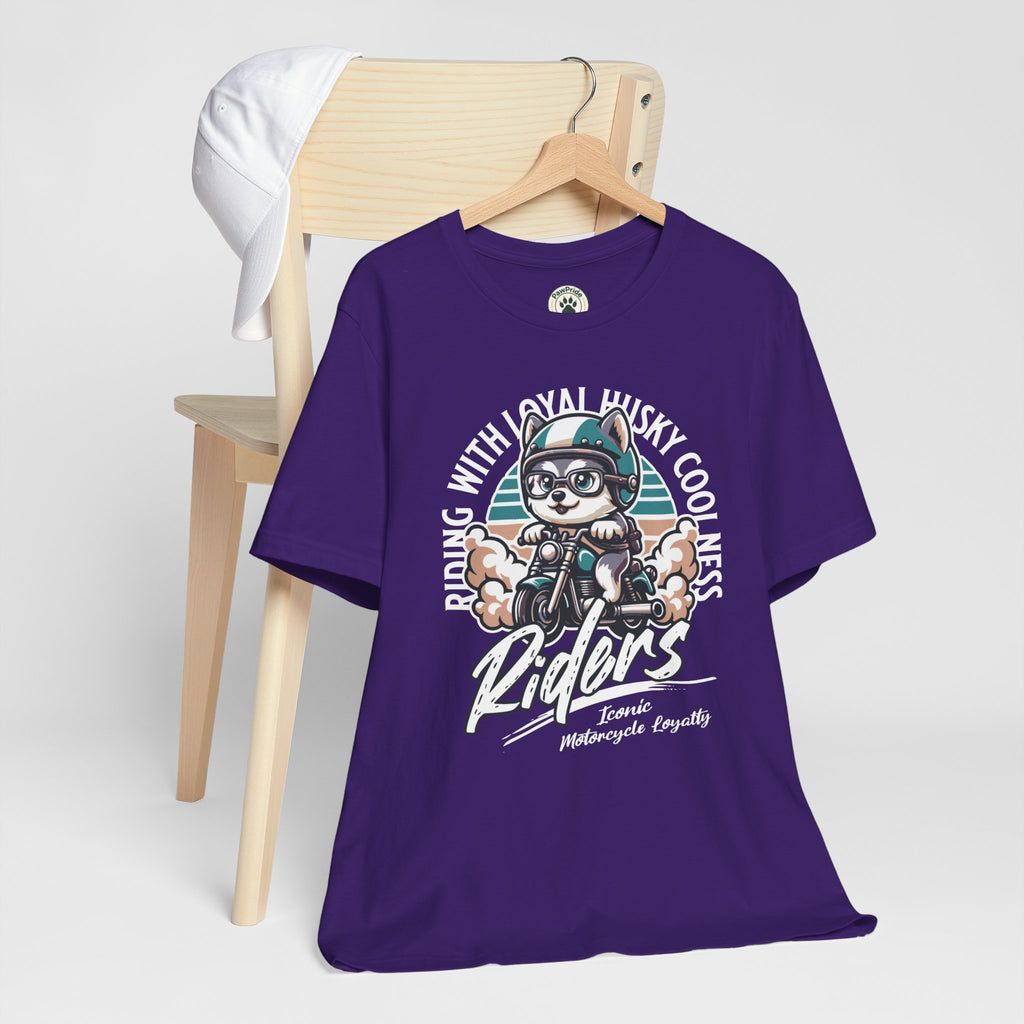 Riders Cat Motorcycle Tee — "Riding With Loyal Husky Coolness" Graphic Shirt
