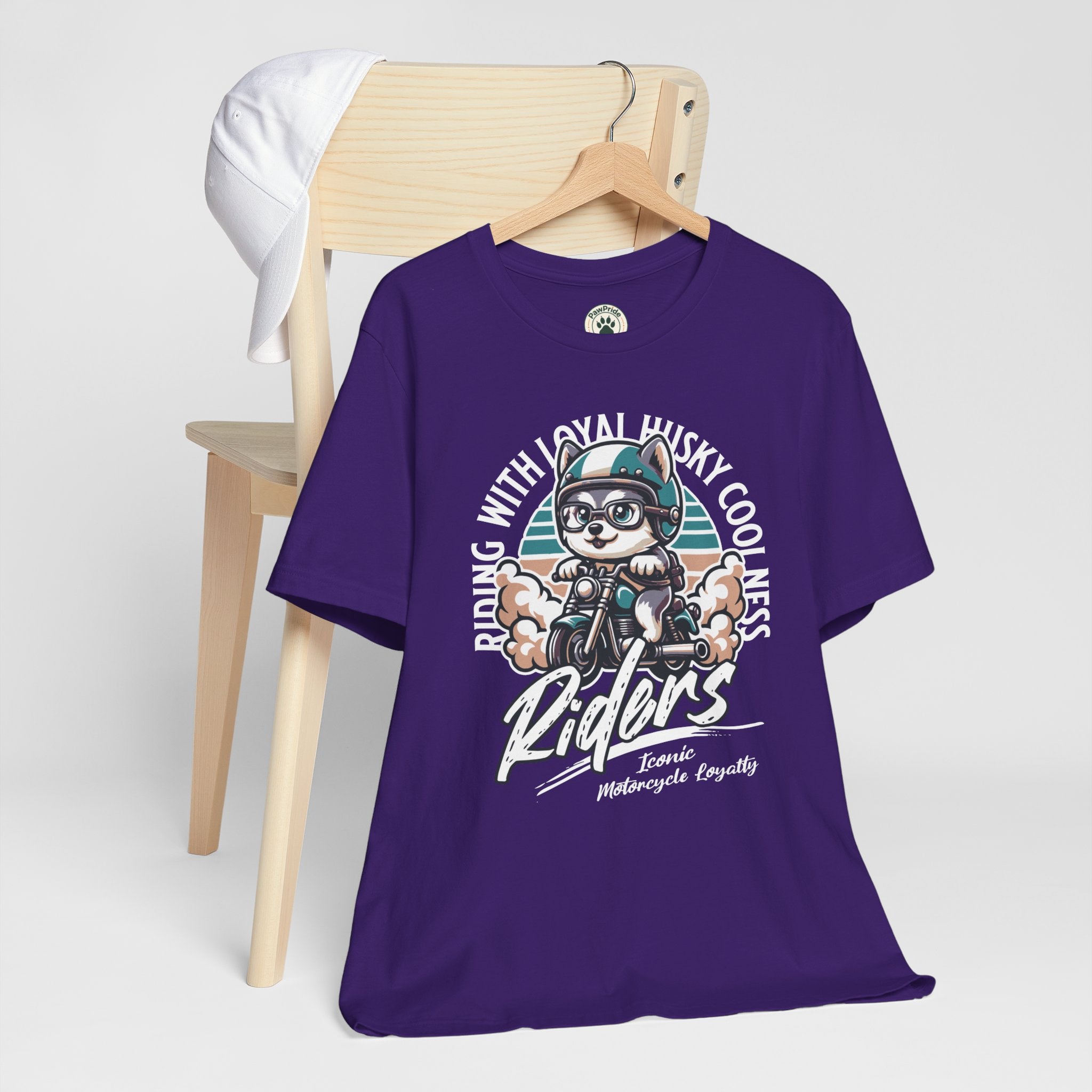 Riders Cat Motorcycle Tee — "Riding With Loyal Husky Coolness" Graphic Shirt