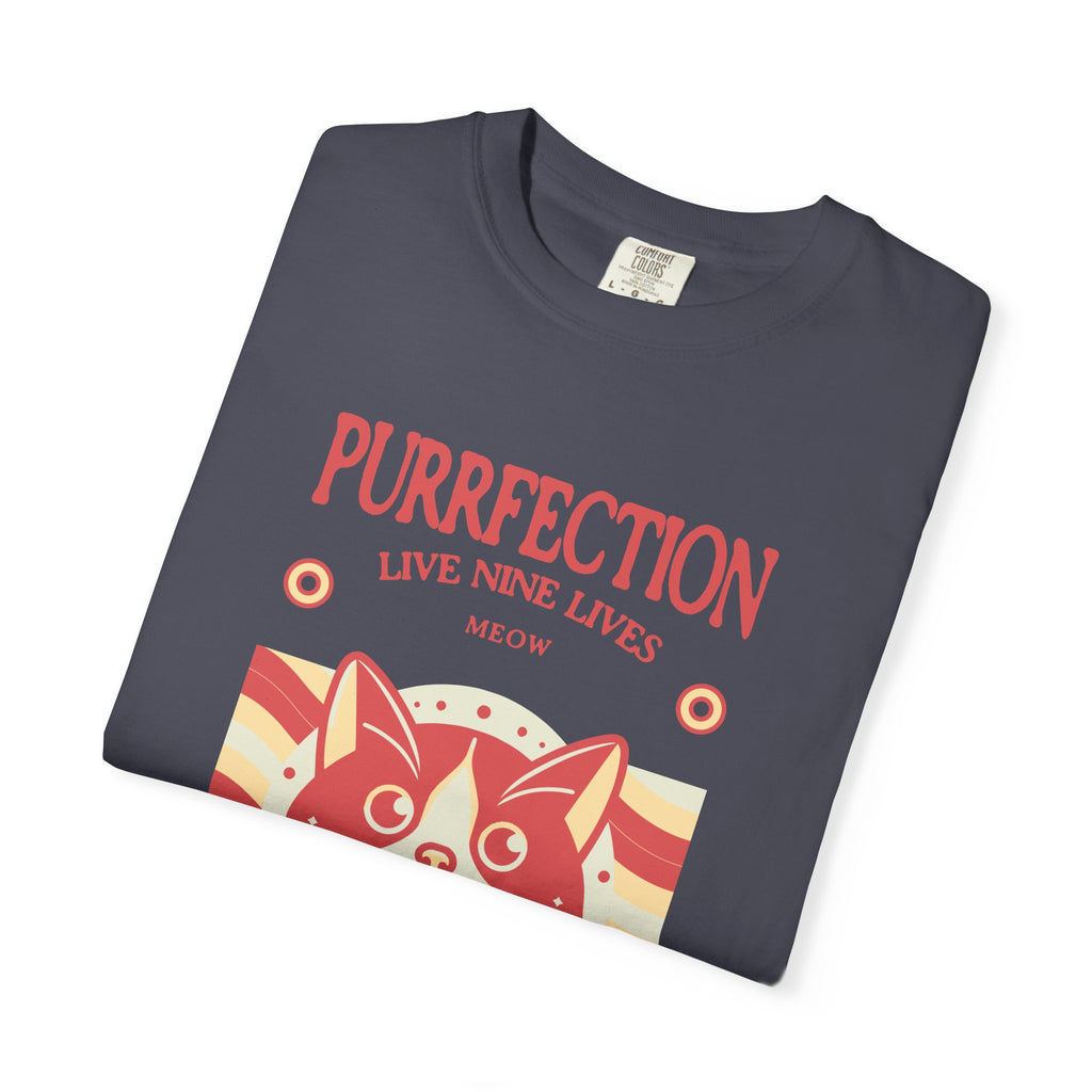 Purrfection Cat T-Shirt — "Purrfection Lives Nine Lives" Retro Cat Graphic Tee