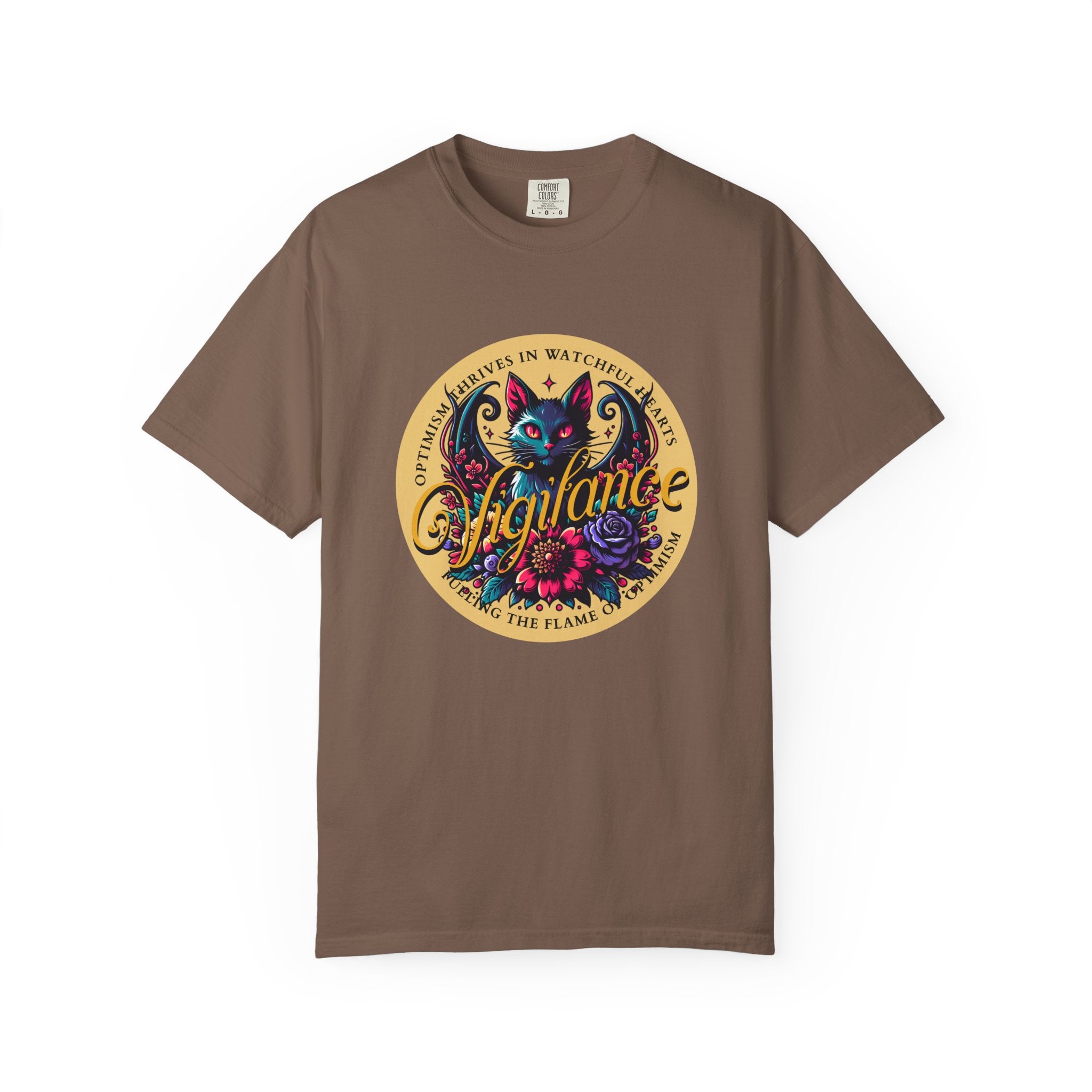 Vigilance Cat Graphic T-Shirt — Retro Floral Crest Tee