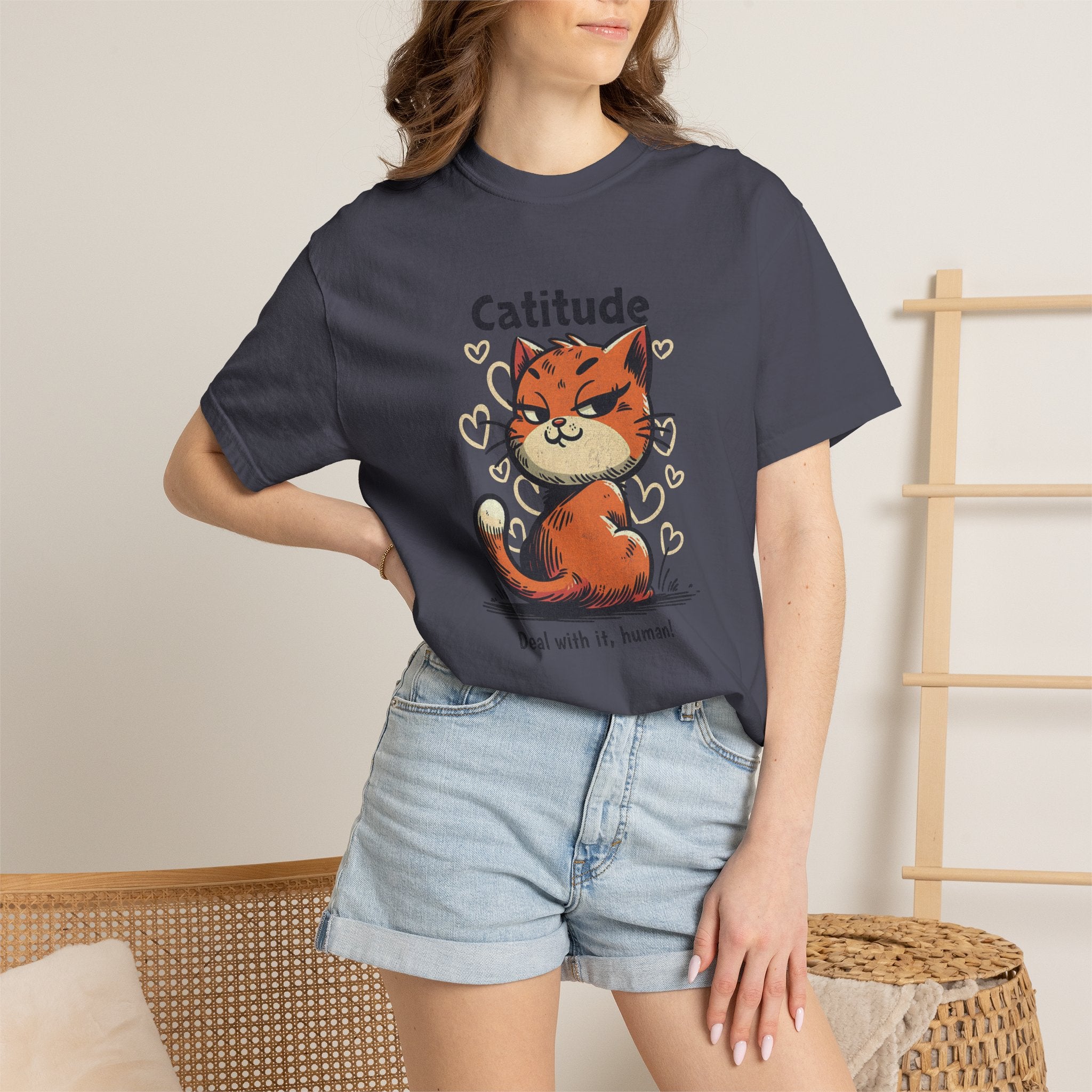 Catitude T-Shirt — Cute Orange Cat Graphic Tee, "Deal with it, human!"