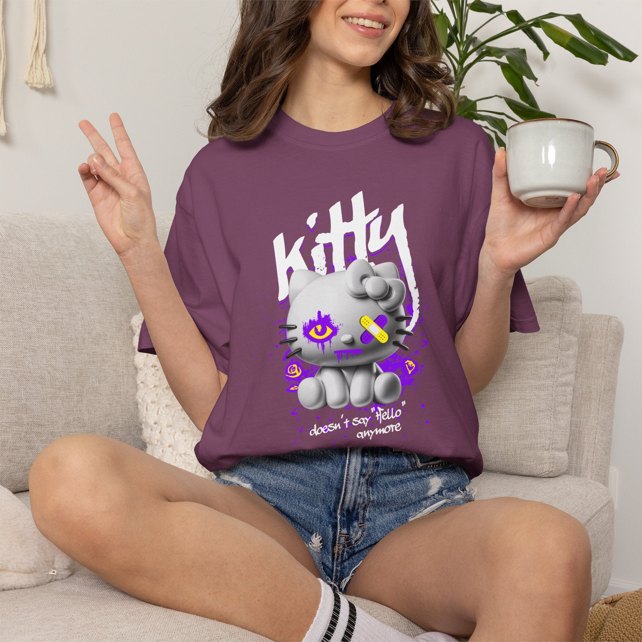 Kitty Cute Punk T-Shirt — 'doesn't say hello' Garment-Dyed Tee