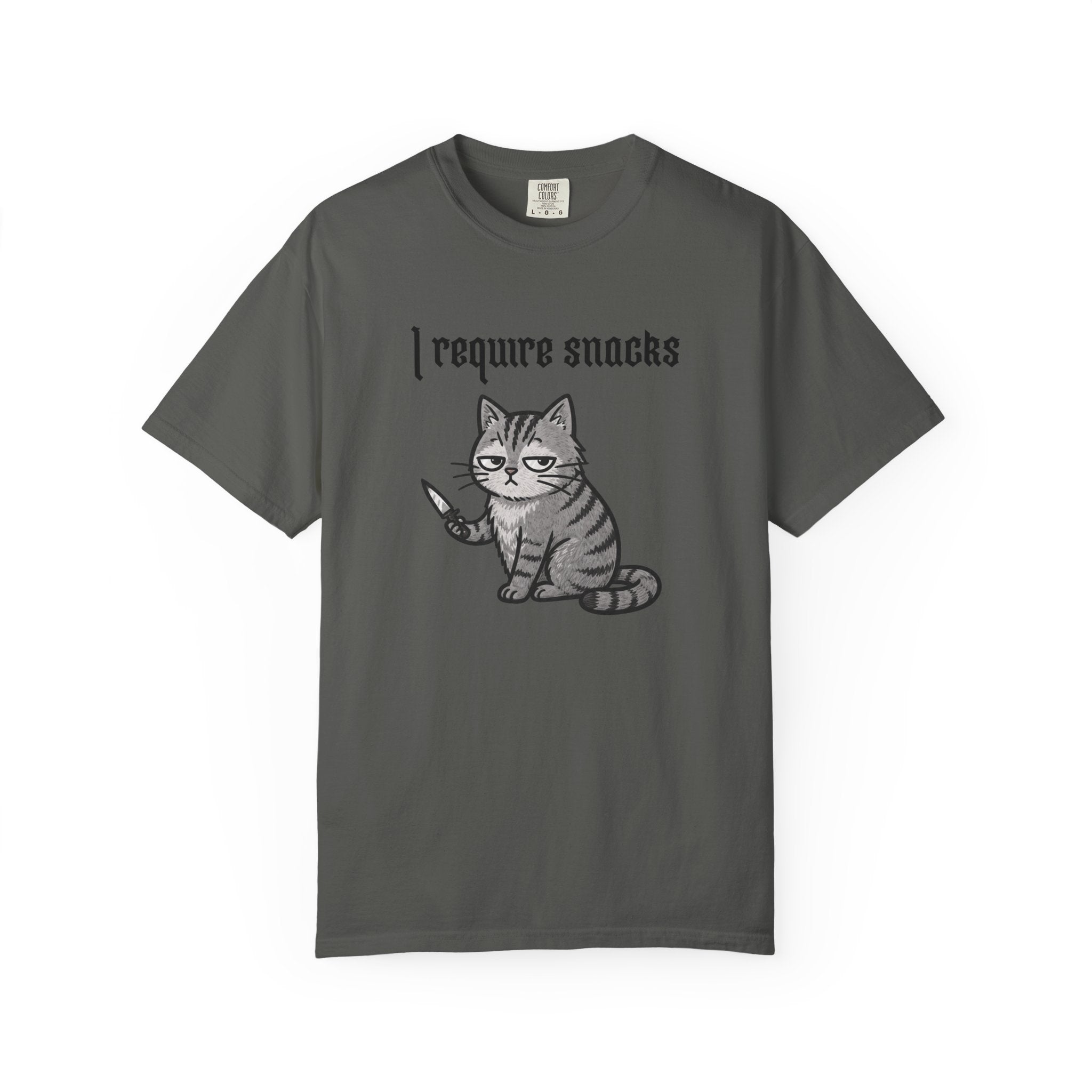 I Require Snacks Cat T‑Shirt — Cute Grumpy Kitty Graphic Tee