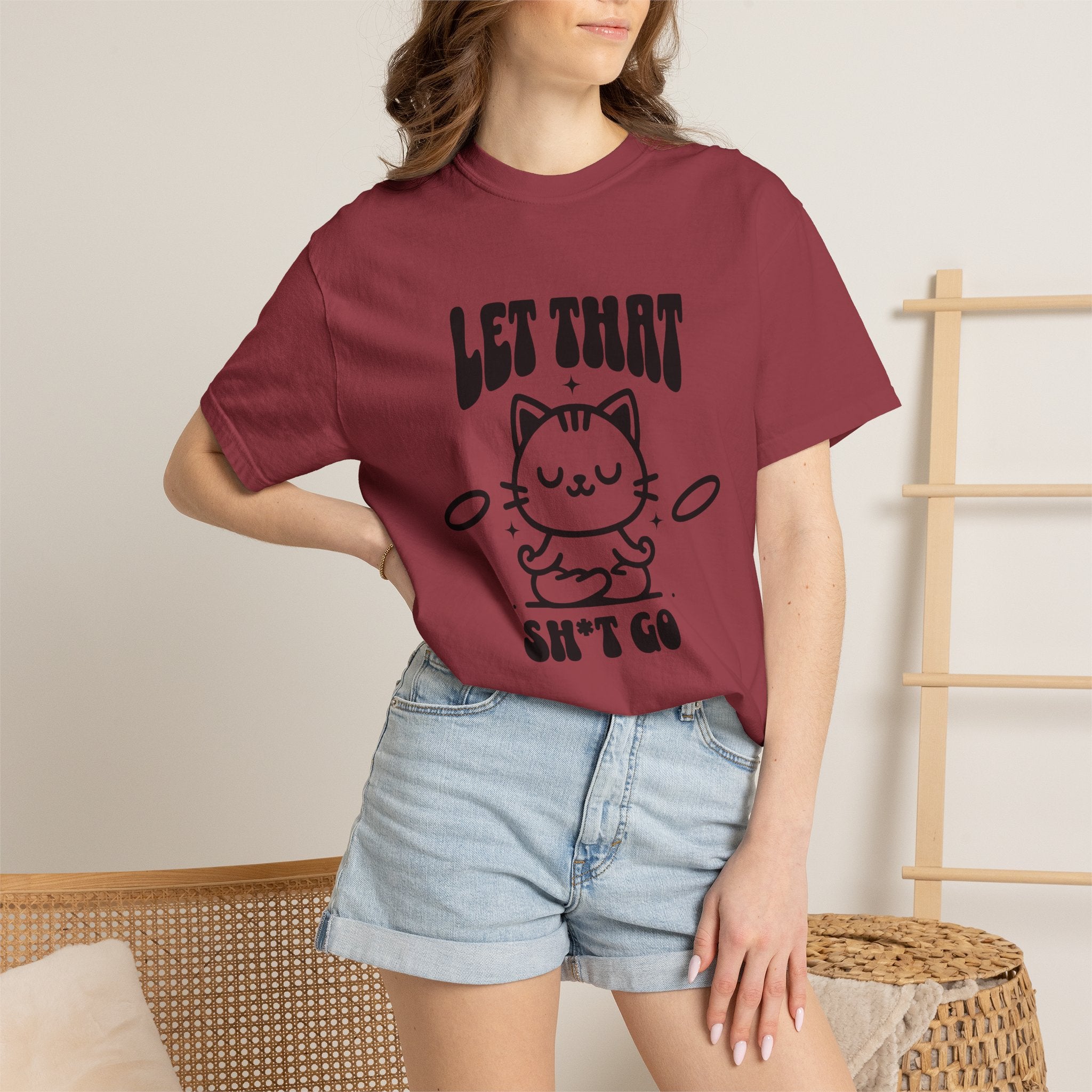 Let That Sh*t Go Cat T-Shirt — Funny Meditation Cat Tee, Mindfulness Gift