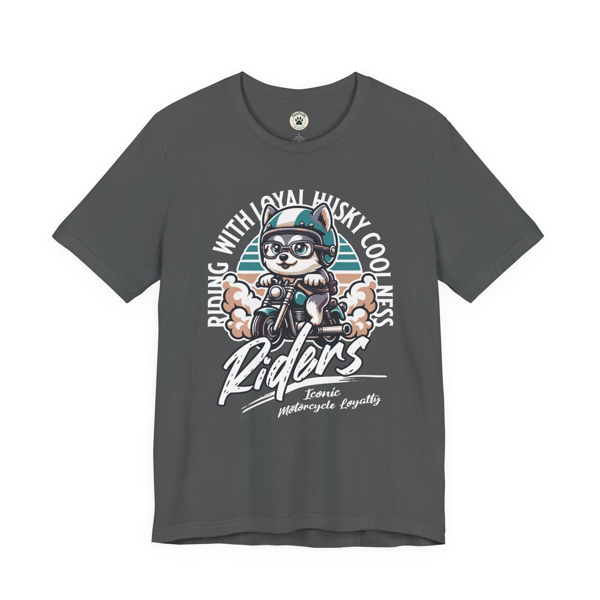 Riders Cat Motorcycle Tee — "Riding With Loyal Husky Coolness" Graphic Shirt