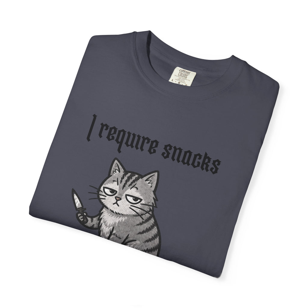 I Require Snacks Cat T‑Shirt — Cute Grumpy Kitty Graphic Tee