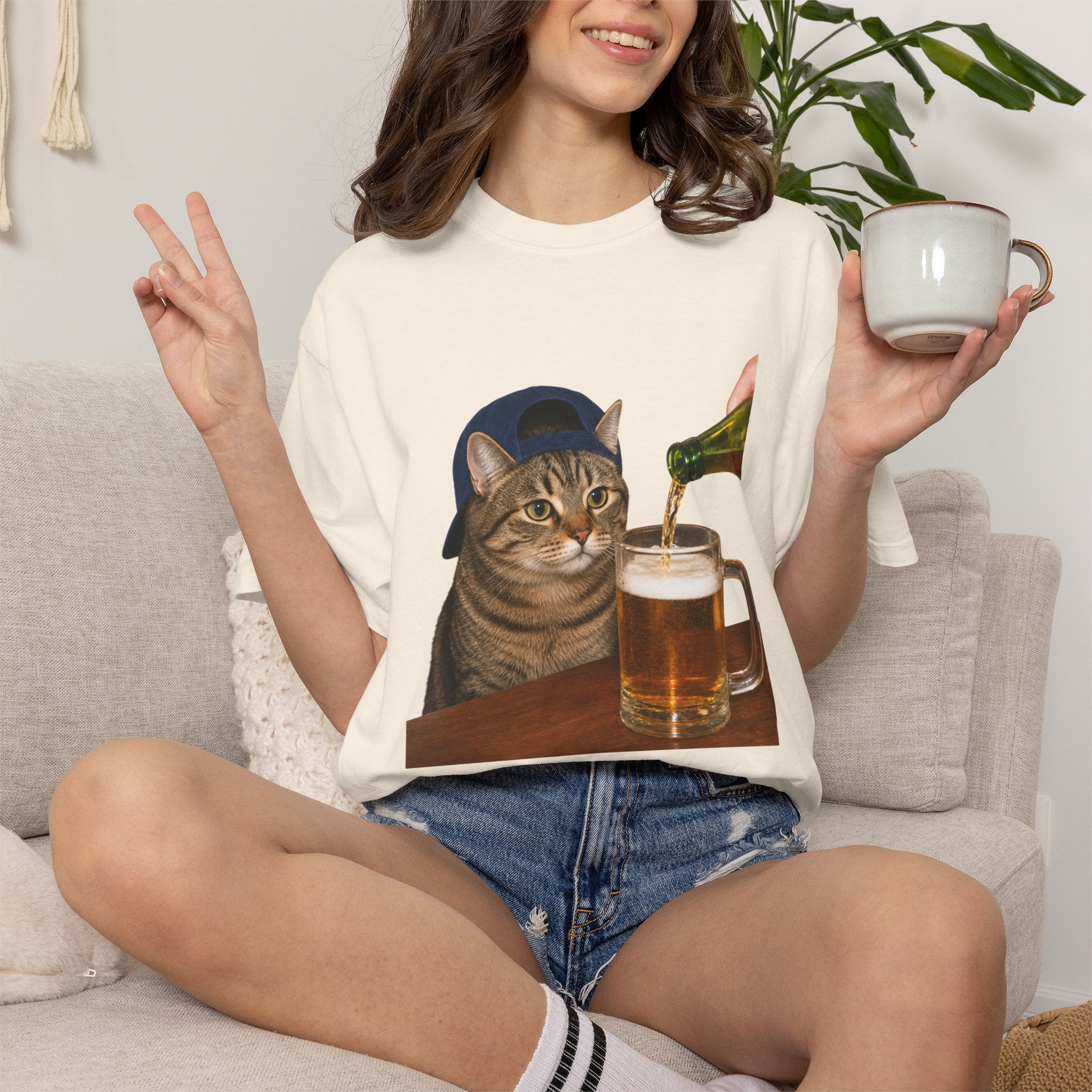 Cat With Beer T-Shirt — Funny Cat Drinking Beer Graphic Tee